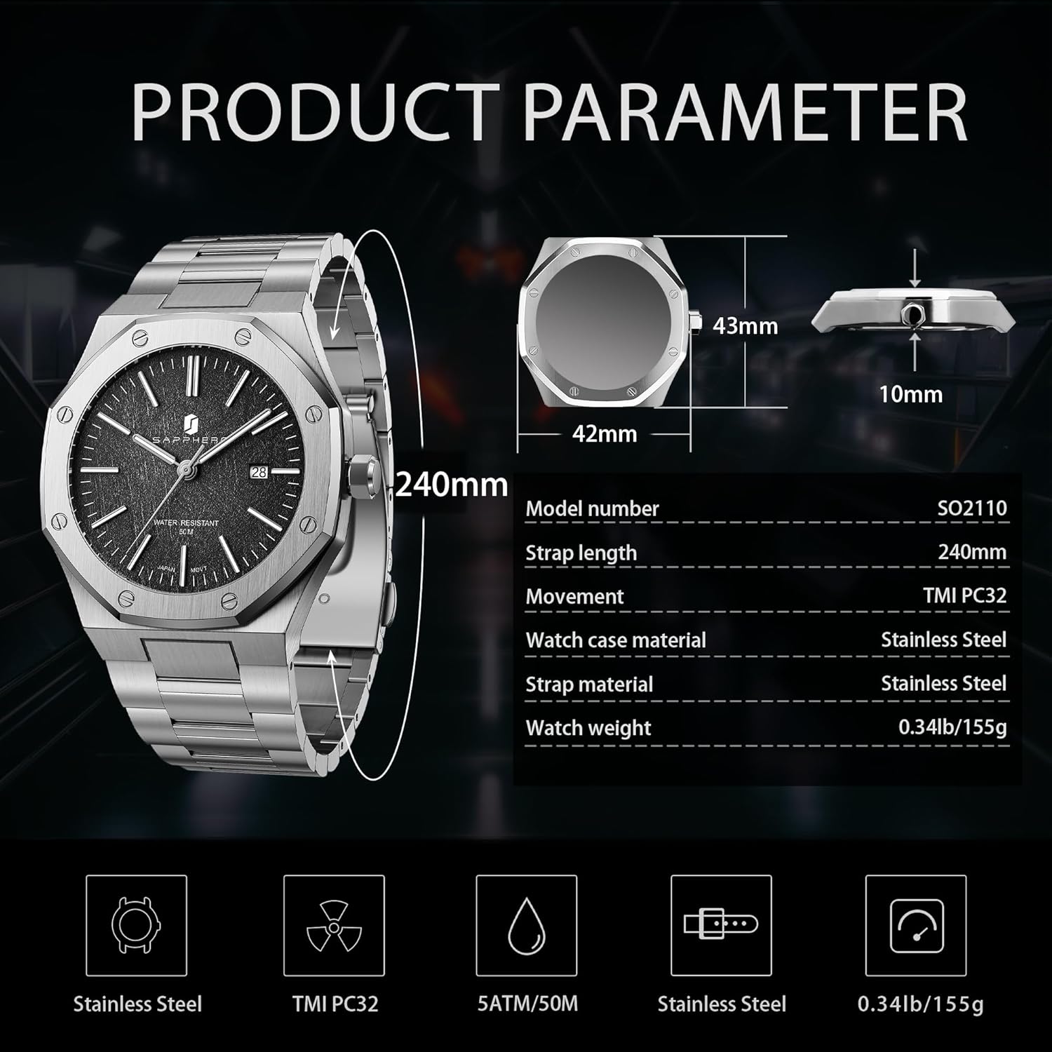 Thumbnail 5 de SAPPHERO Orologio Uomo Impermeabile 50M al Quarzo Argento con Cinturino in Acciaio e Calendario Nero/Blu