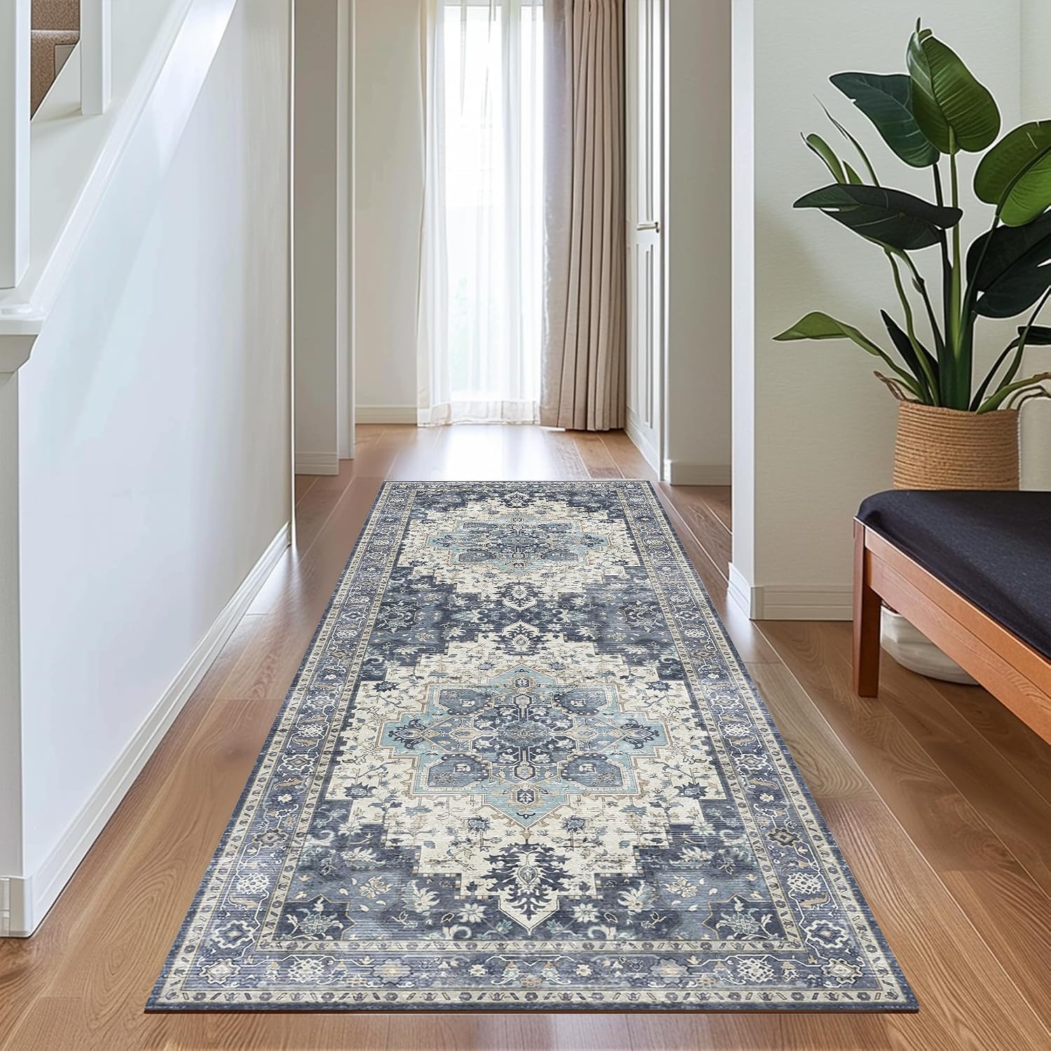 Detalle de GENIMO 2x7 Washable Runner Rug Non Slip for Hallway, Blue Ivory Vintage Floral