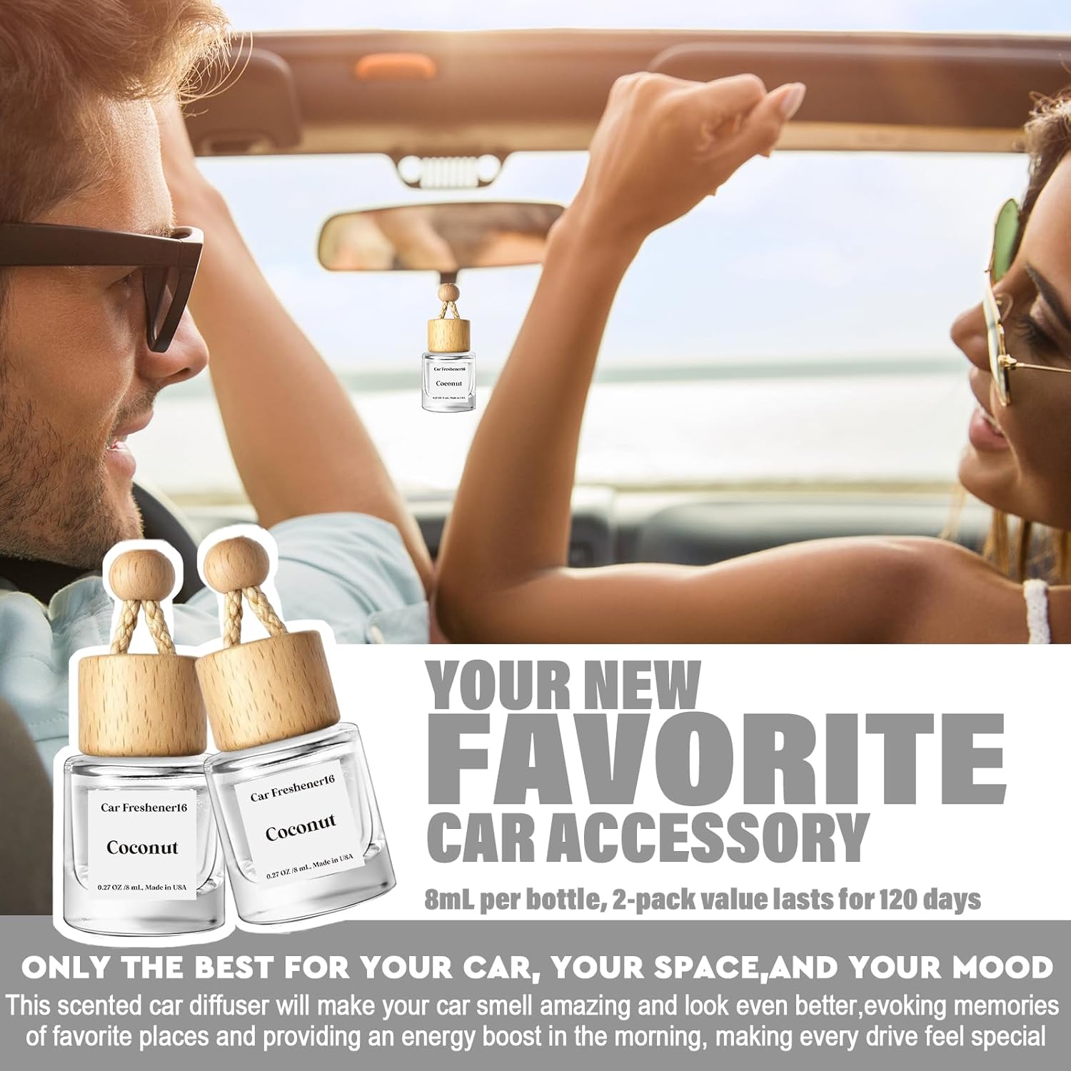Thumbnail 2 de HoogaLife Car Air Freshener Diffuser (2-Pack) Hanging Glass Bottle Diffusers with Coconut Fragrance Oil
