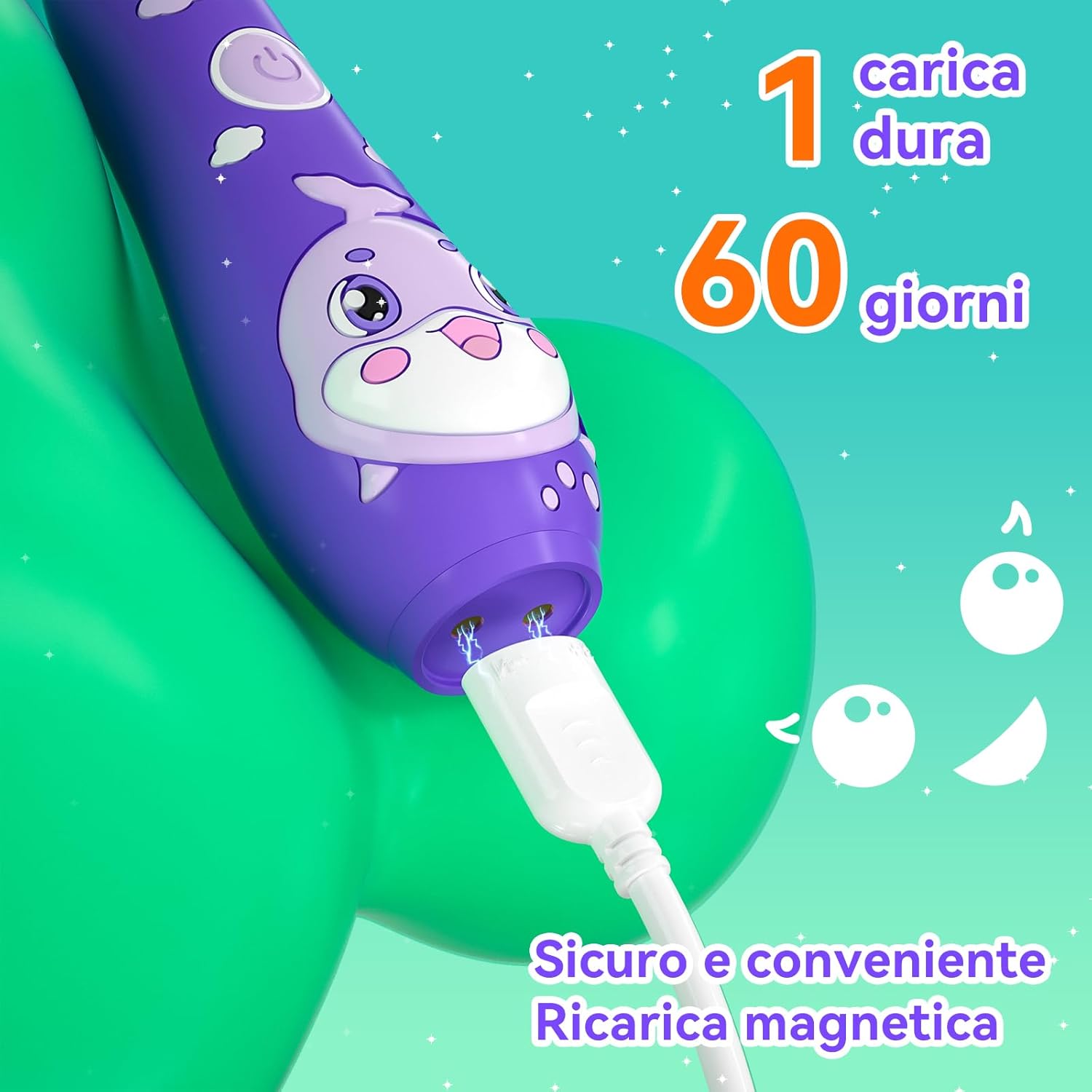 Thumbnail 3 de Spazzolino elettrico bambini Seago SG-2139 con manico in silicone a balena, LED e 8 testine (0–6 anni) – Viola