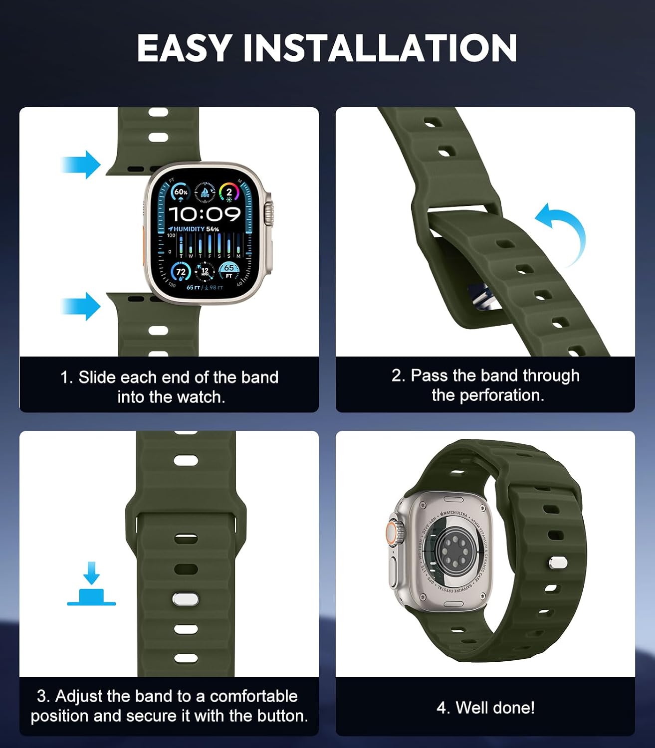 Detalle 2 de MoKo Ocean Bands silicone replacement strap for Apple Watch Ultra 2, Series 9/8/7/6/5/4/3/SE (49mm–42mm)