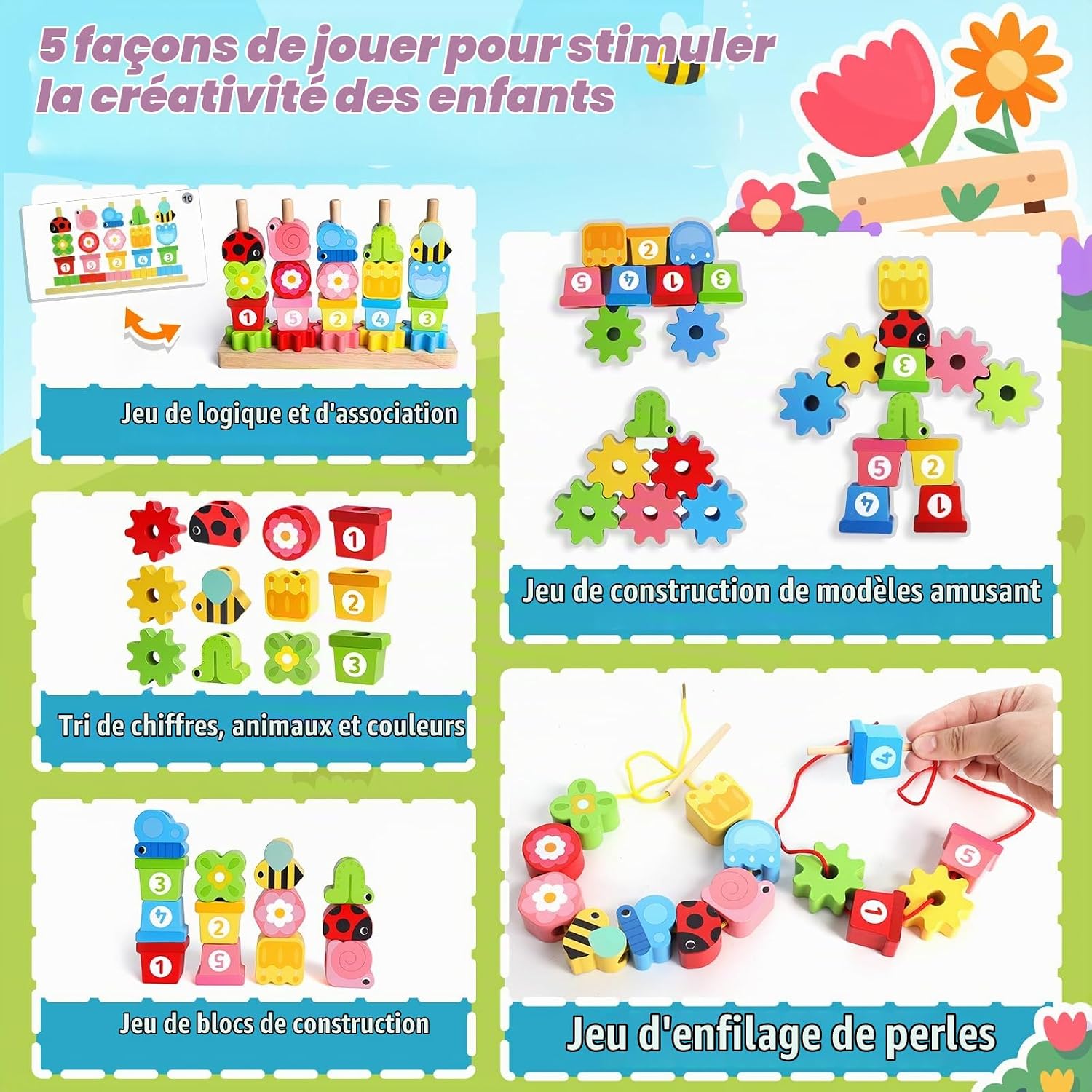 Detalle de WhizWinks KH0138 houten Montessori-kralenset met 20 kralen en patroonkaarten