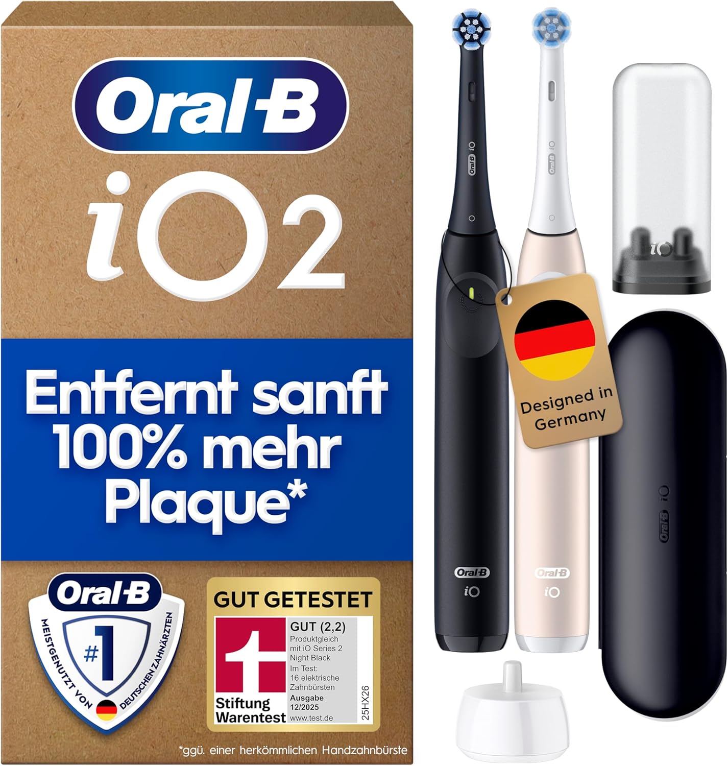 Detalle de Oral-B iO Series 2 Elektrische Zahnbürste – Doppelpack (Schwarz/Pink) mit 2 Aufsteckbürsten und Reise-Etui