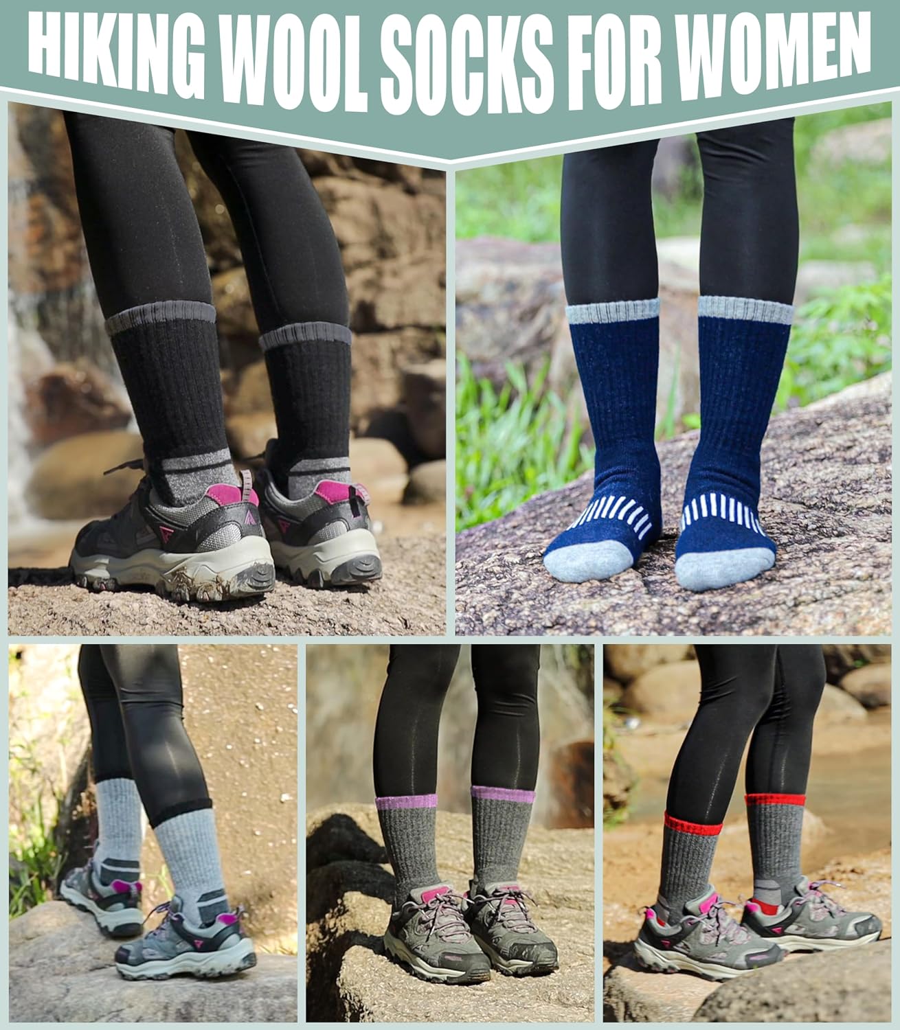 Detalle de Yebing Merino Wool Hiking Socks for Women, 5-Pair Cushioned Crew Set