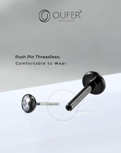 Detalle 2 de OUFER Body Piercing Labret en titanio negro con sistema threadless/push-in (16G/18G/20G)