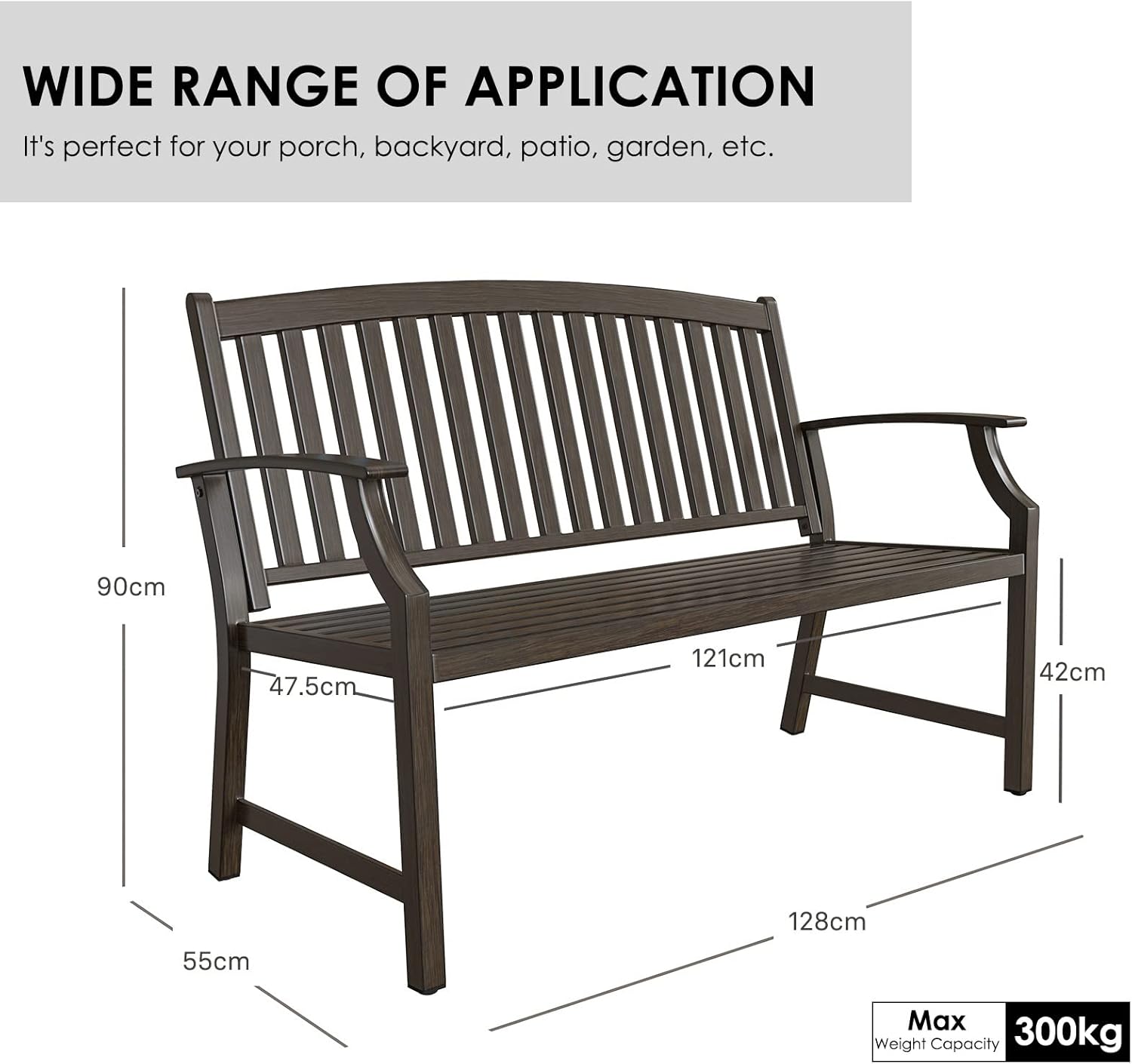 Detalle de Grand patio Outdoor Bench (Dark Brown) – anti-rust metal frame garden bench, 300kg capacity