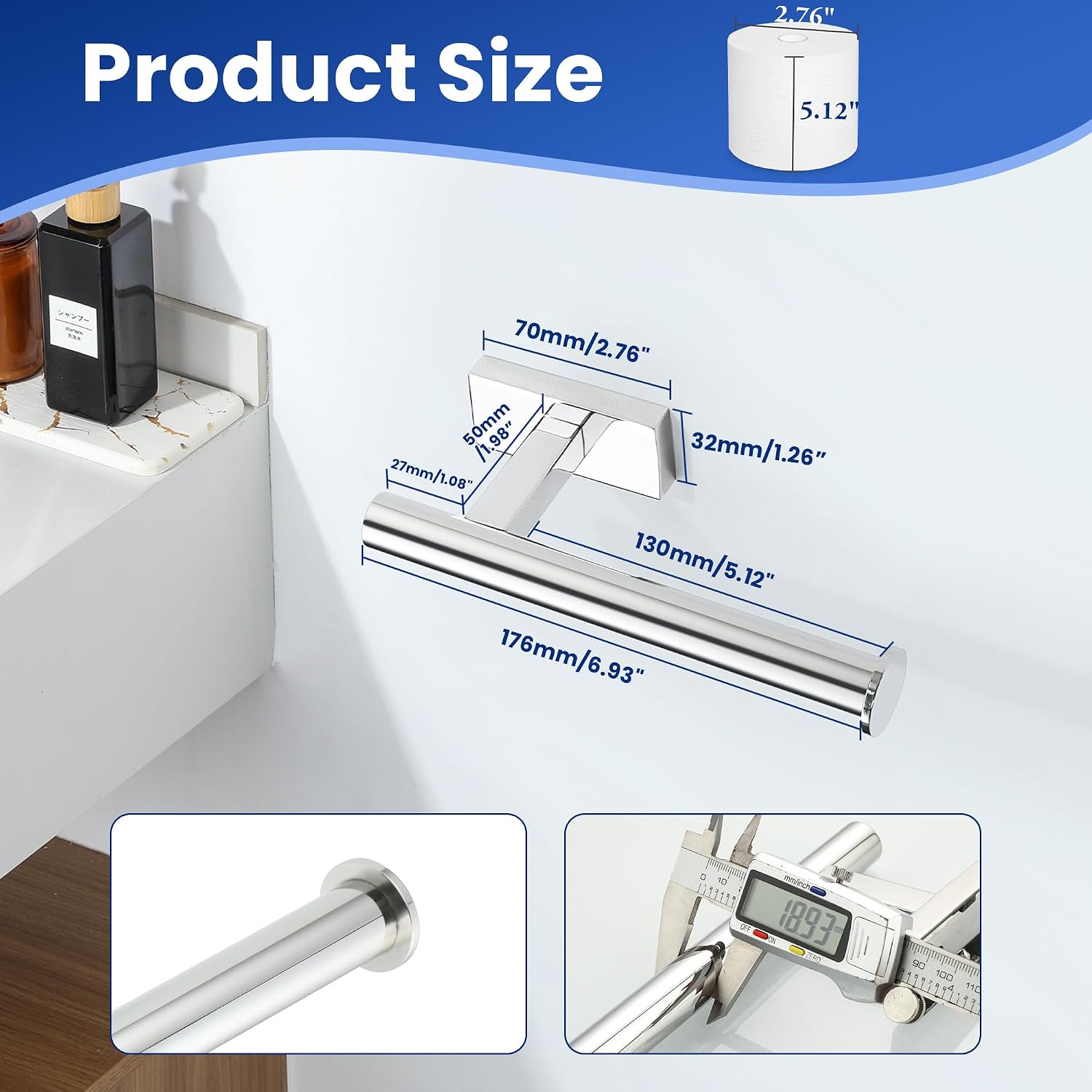 Detalle 2 de Mooche Chrome Wall Mounted Toilet Roll Holder (17.6 cm) – SUS304 Stainless Steel