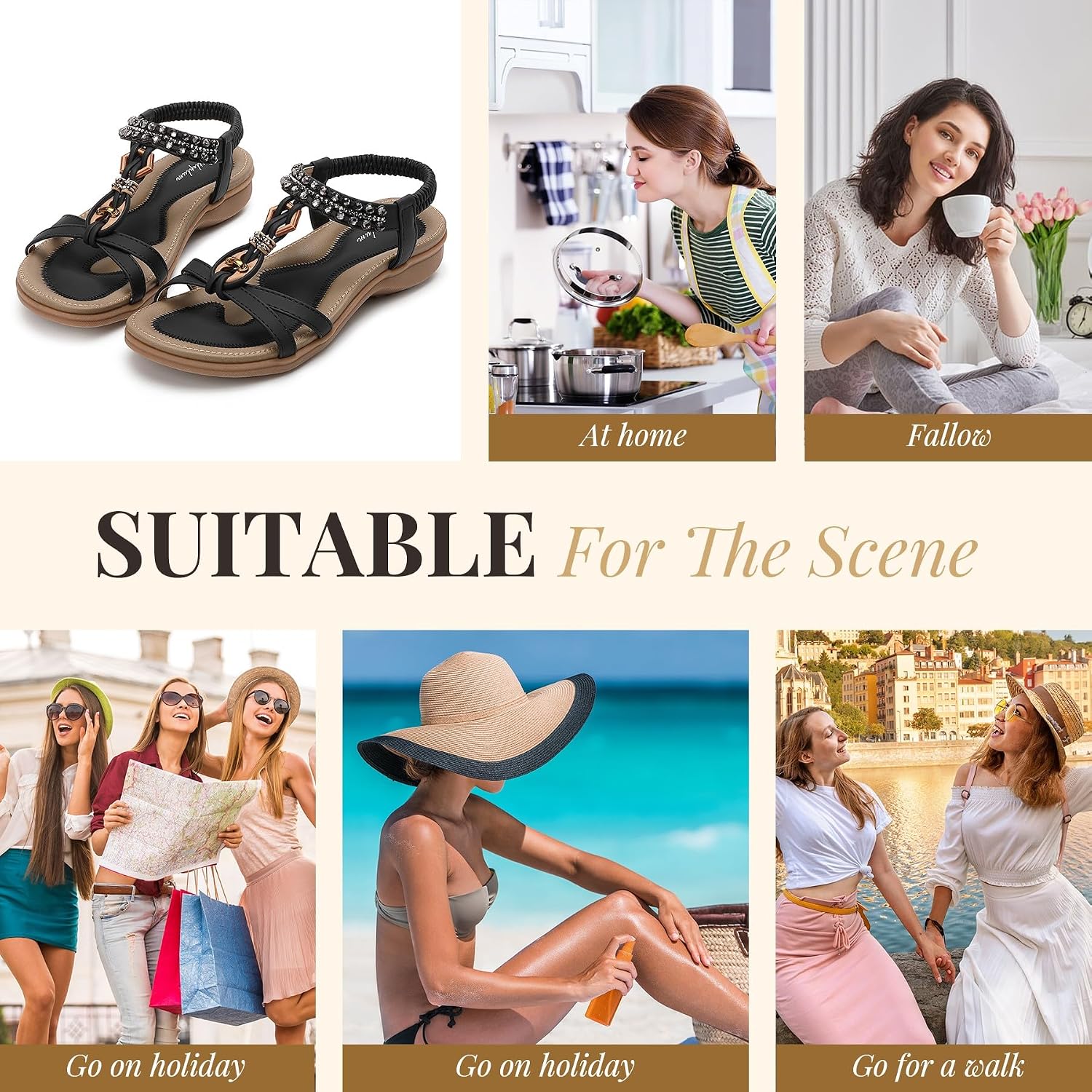 Detalle 2 de Littleplum Sandalen Damen Sommer Flache Sandalette Bohemia mit Strass-Perlen – vielseitige Freizeitsandaletten