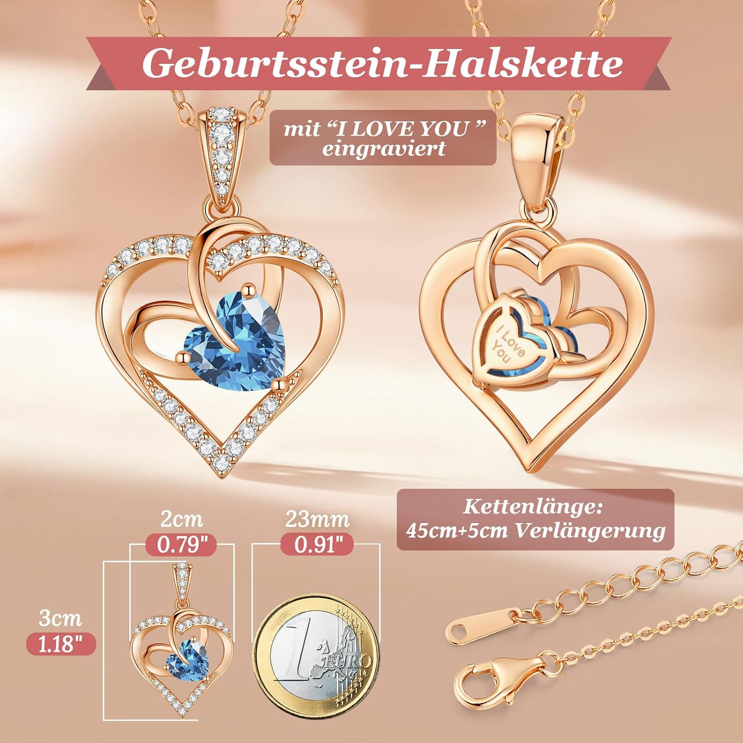 Thumbnail 5 de Collana da donna con doppio cuore e zirconi 5A in argento 925 con pietra di nascita