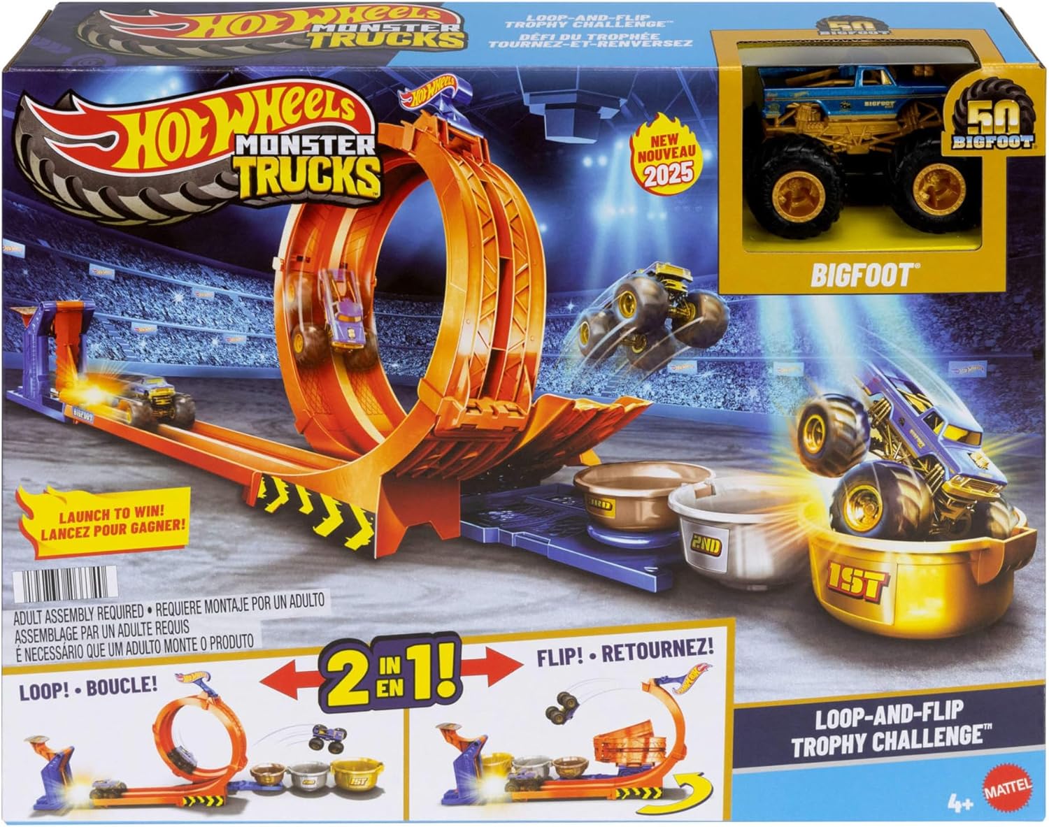 Thumbnail 5 de Hot Wheels Monster Trucks Loop‑And‑Flip Trophy Challenge with 50th Anniversary Bigfoot (1:64 Die‑Cast)