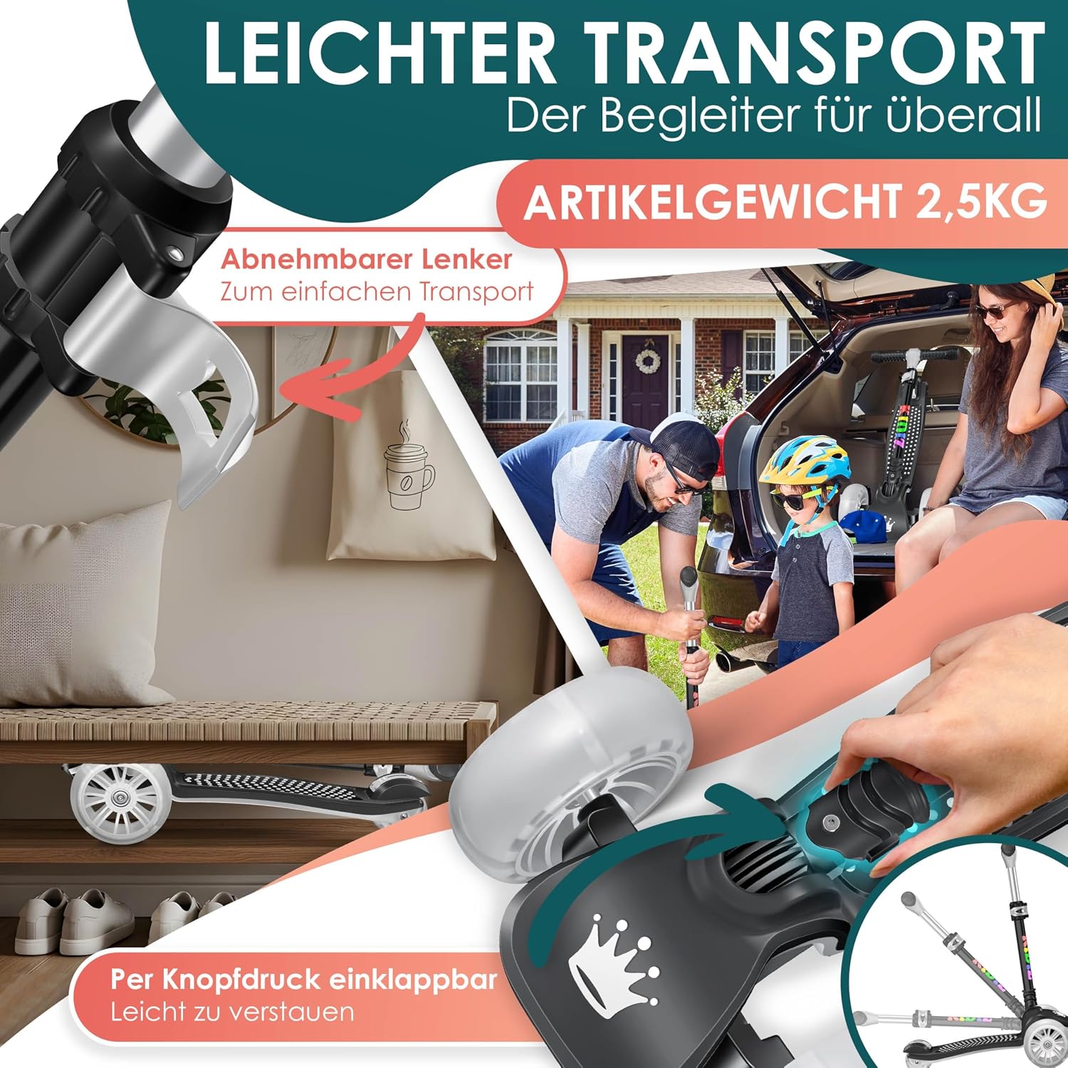 Detalle de KIDIZ Roller Kinder Scooter X-Pro2 – faltbarer 3-Rad-Tretroller mit LED-Lenkung für 3–12 Jahre