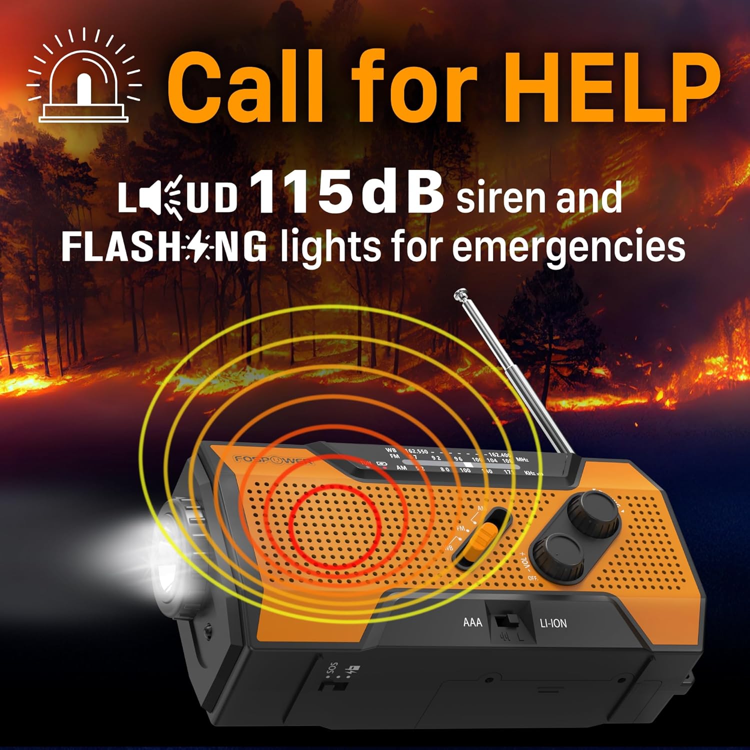 Detalle de FosPower NOAA Emergency Weather Radio A1: 7400mWh Portable Power Bank with AM/FM, Solar, Hand Crank, SOS Alarm and Flashlight (Orange)