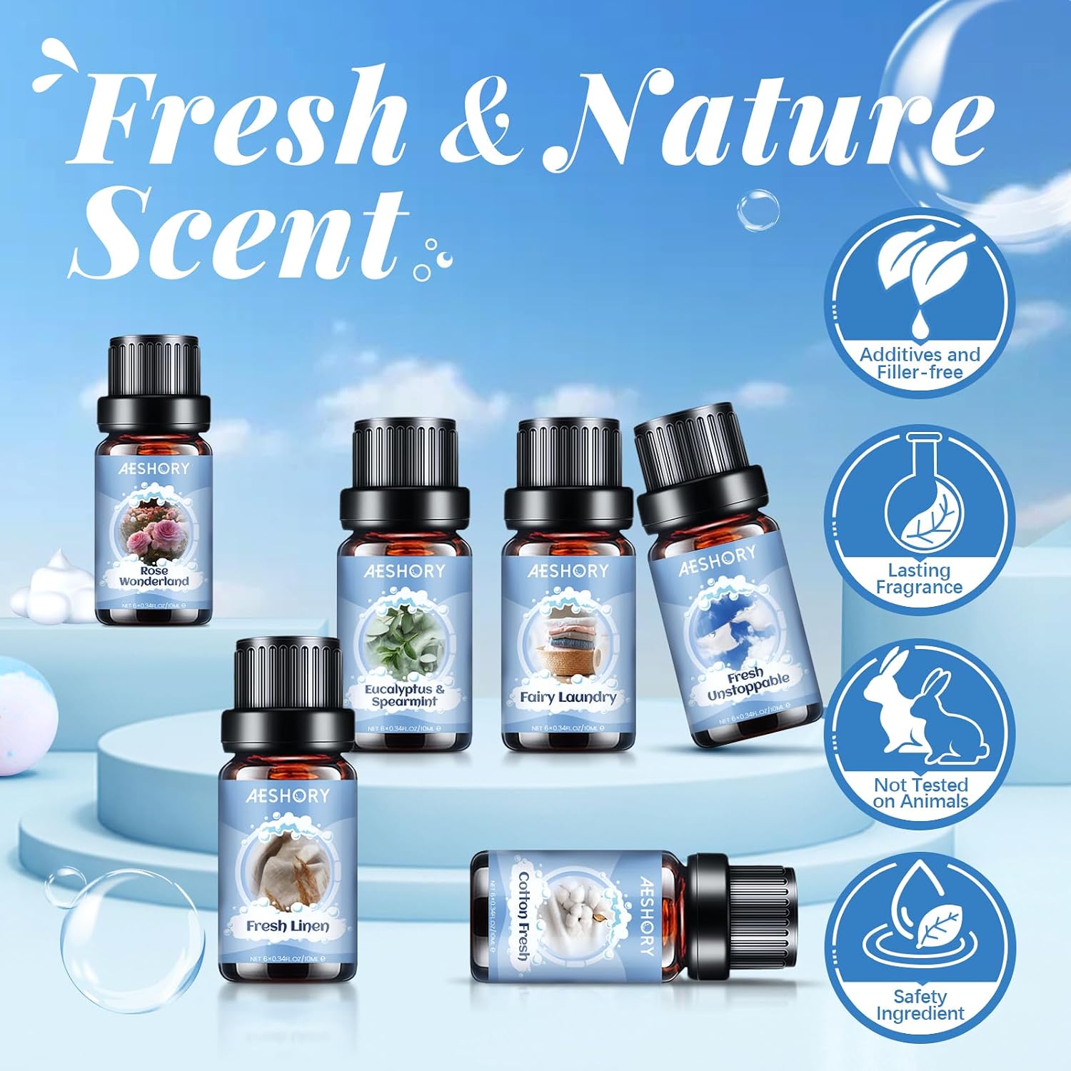 Detalle de AESHORY Set ätherische Öle für Diffuser (6 x 10 ml) – Frisch, Eukalyptus & Co. als Aromatherapie-Duftöl Geschenkset