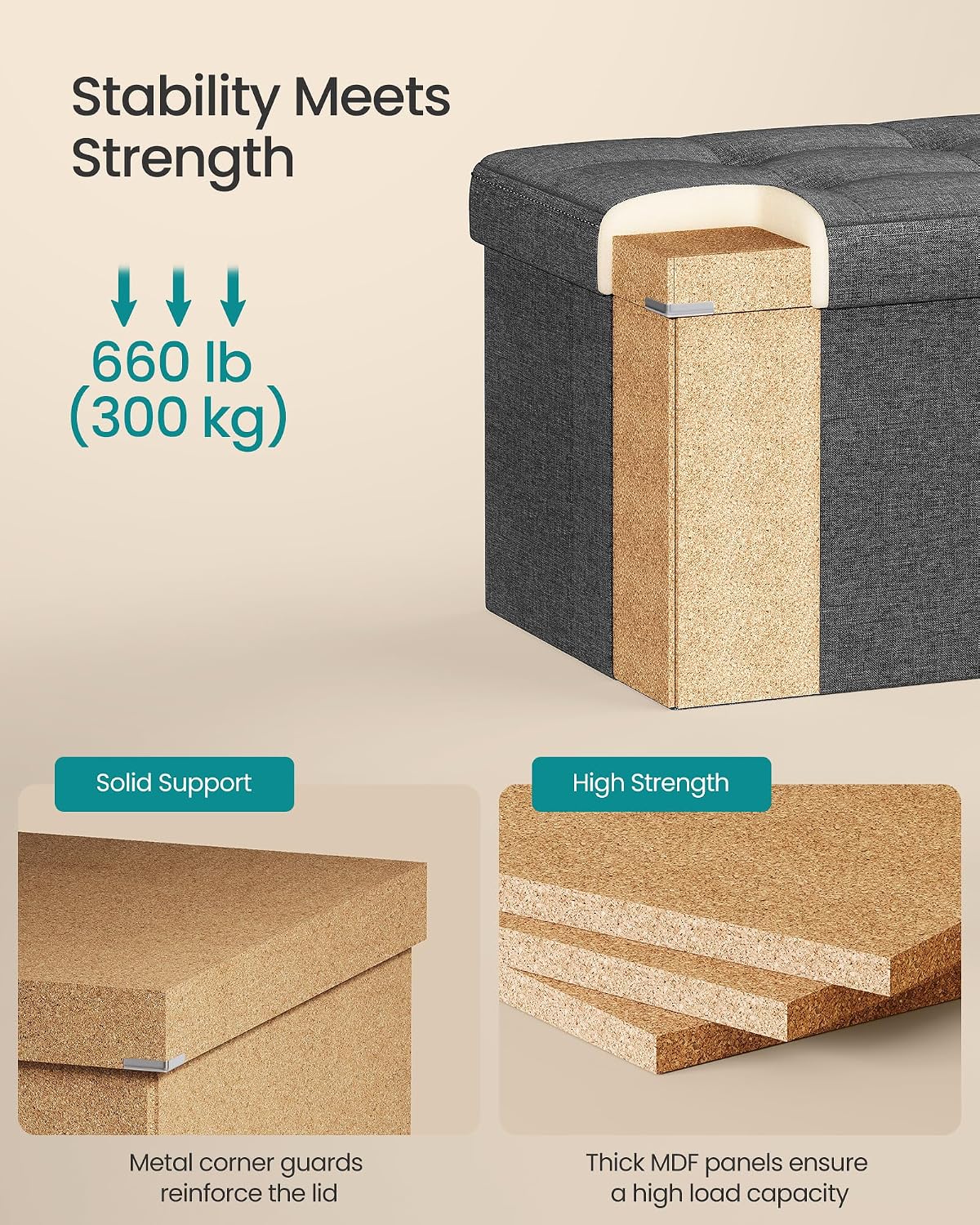 Detalle 2 de SONGMICS Folding Storage Ottoman Bench 30 Inches