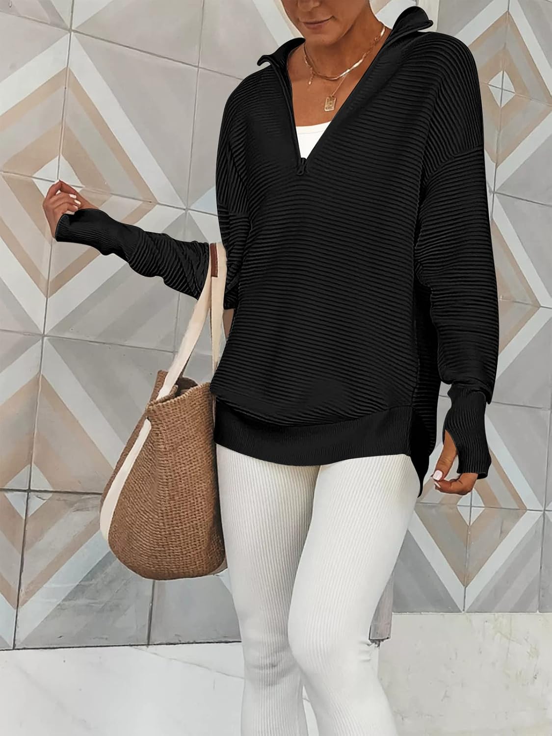 Detalle de ANRABESS Women's Quarter-Zip V-Neck Sweater with Ribbed Knit and Thumbholes