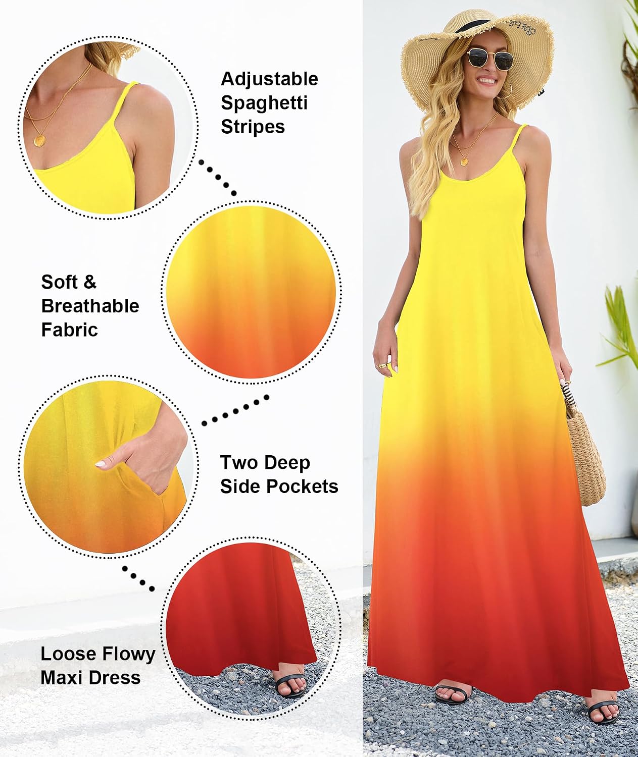 Detalle de Wolddress Women’s Maxi Dress with Pockets (S–5X) — Casual Strap Long Dress for Work, Summer & Travel