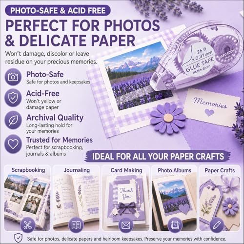 Detalle de MARCADORUS Glue Tape Roller for Scrapbooking – Double-Sided Adhesive, 106 Ft