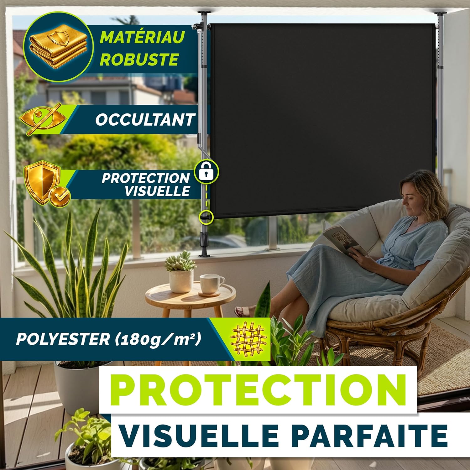 Thumbnail 2 de Tillvex Store Vertical 150 x 310 cm Noir avec manivelle – brise-vue extensible et sans perçage