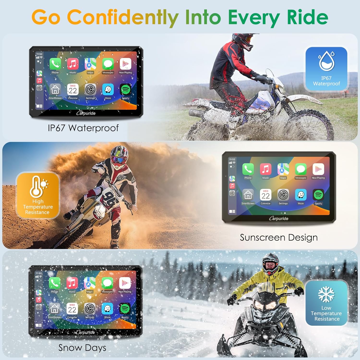 Thumbnail 6 de Carpuride W712D 7-Inch Motorcycle CarPlay Screen with Dual Dash Cam (HD 1080) + Wireless CarPlay/Android Auto