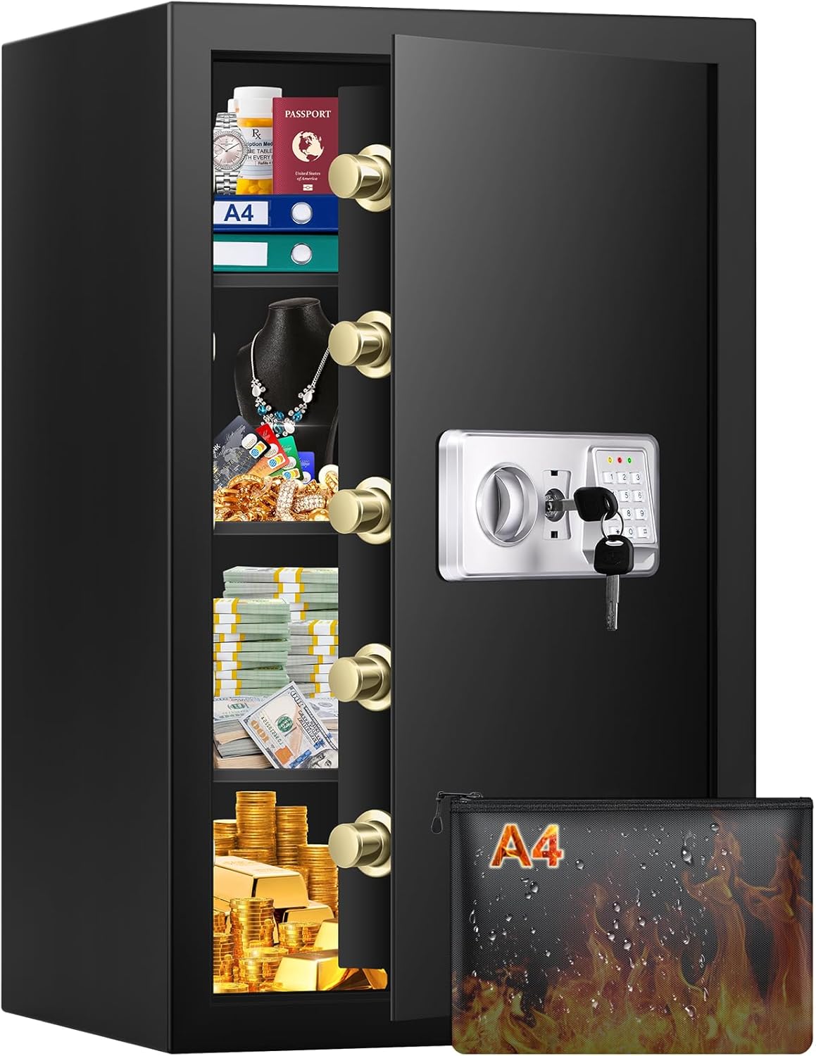 Detalle de Mejasg Large Home Safe Box with A4 Document Bag and 3 Removable Shelves – 102L, Alarm, and Silent Mode