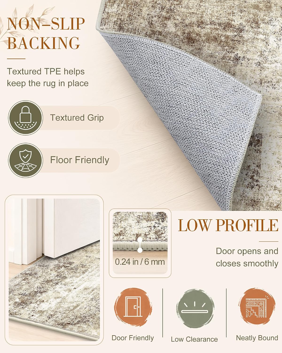 Detalle 2 de OLANLY 5' x 7' Washable Area Rug, Beige Distressed Abstract Low-Pile