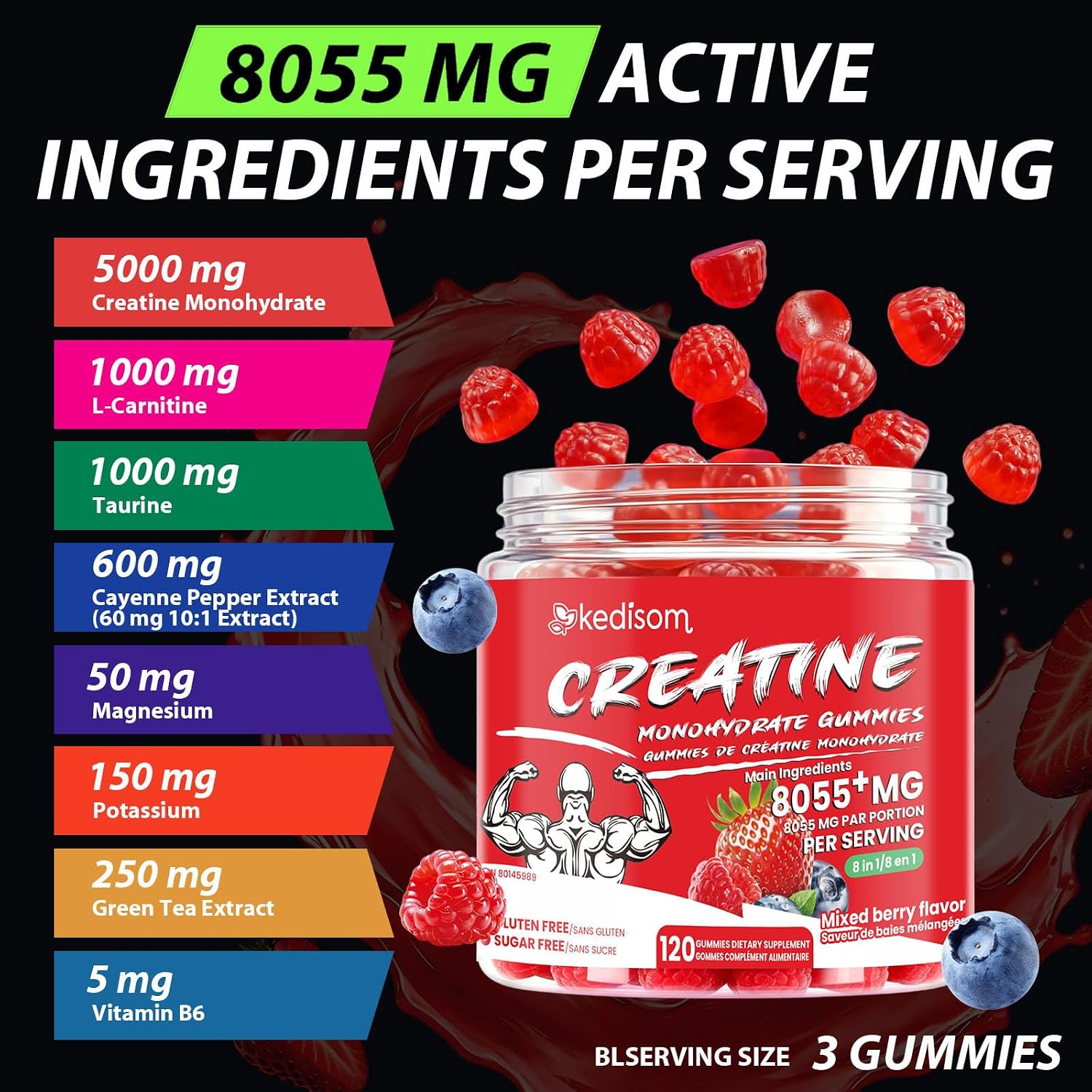 Thumbnail 4 de KEDISOM Creatine Gummies, 8-in-1 Blend, Sugar-Free Mixed Berry, 120 Count