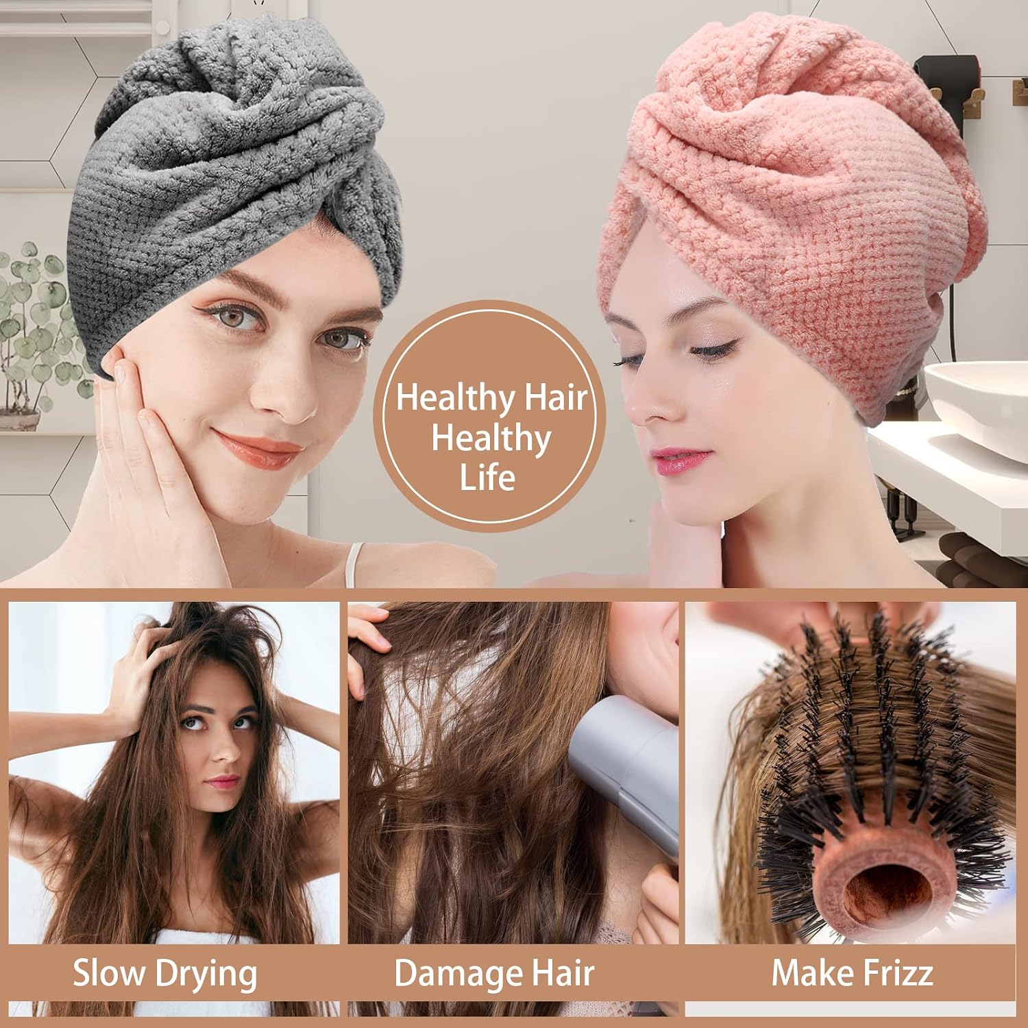 Detalle 1 de CZZXI TW-GPB Microfiber Hair Towel Set, 3-Pack in Grey, Pink and Blue