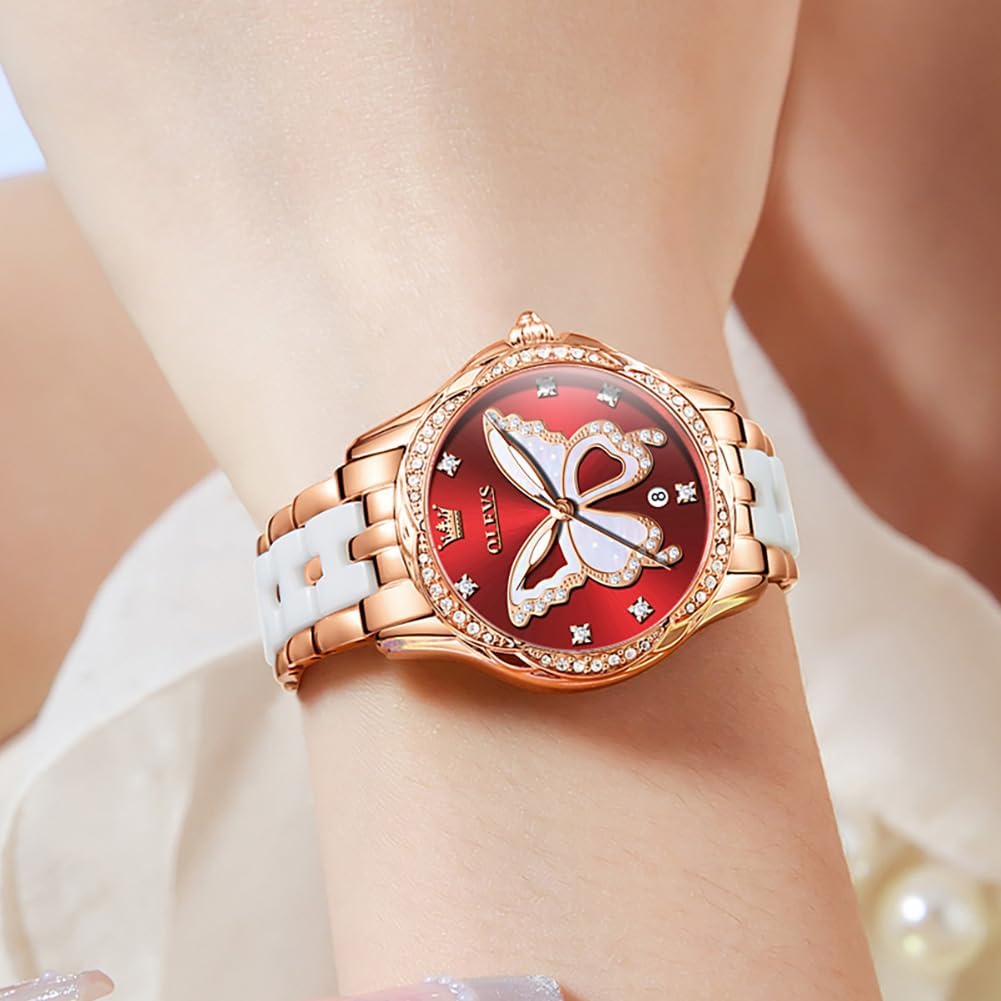 Detalle 2 de OLEVS Damen Diamantuhr Roségold Keramikglas 41mm