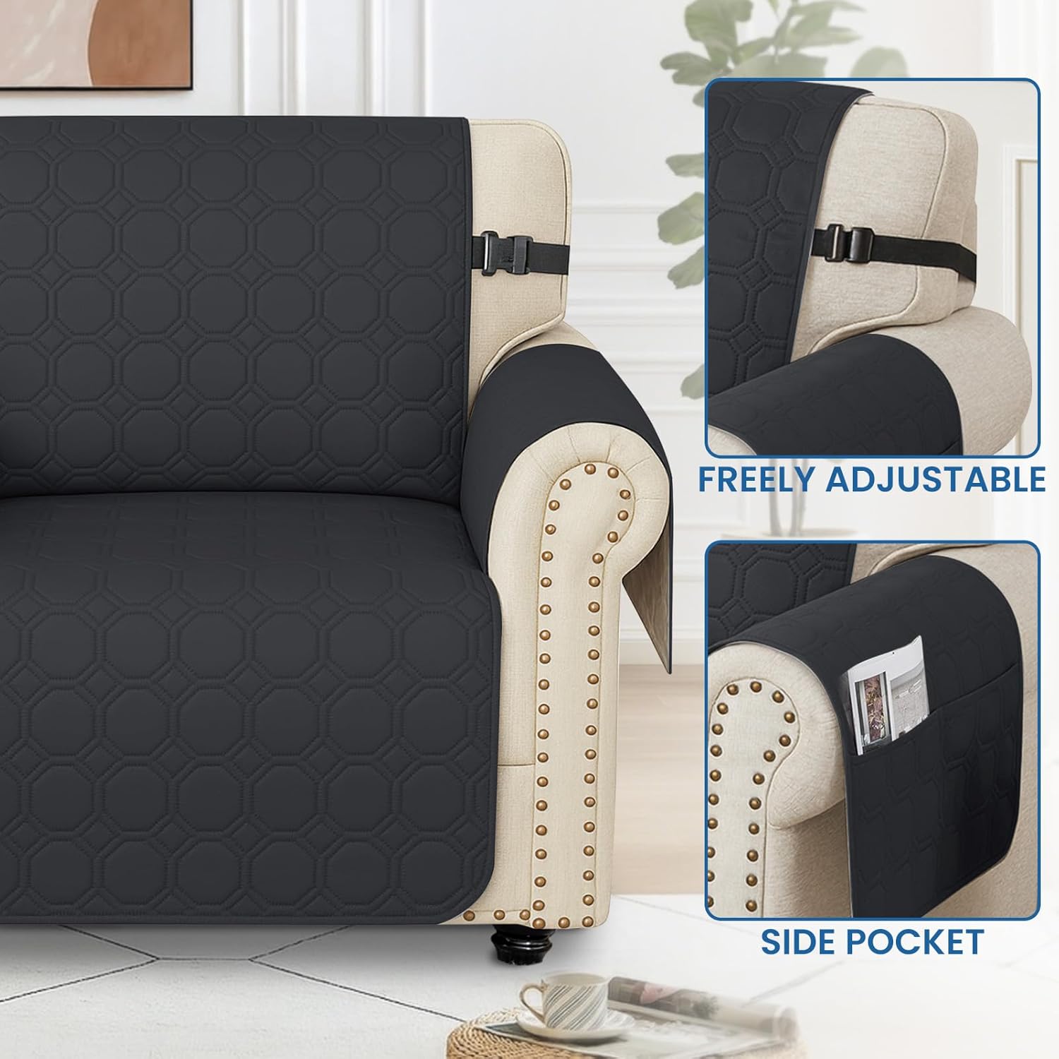 Thumbnail 6 de Ystyle housse de canapé imperméable 3 places noire avec accoudoirs et poches latérales