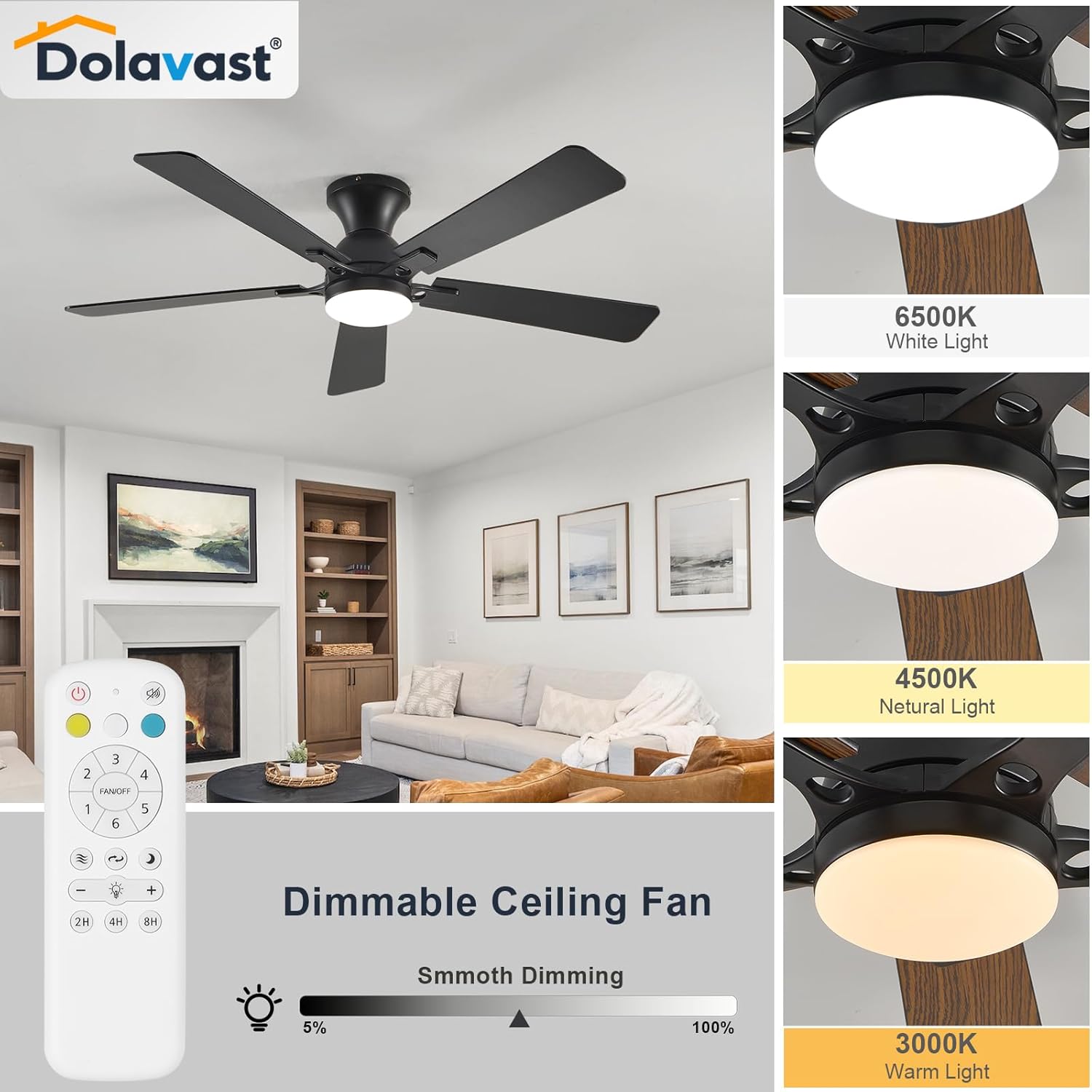 Thumbnail 3 de Dolavast 52-Inch Low Profile Ceiling Fan with Light, Remote Control & Reversible DC Motor