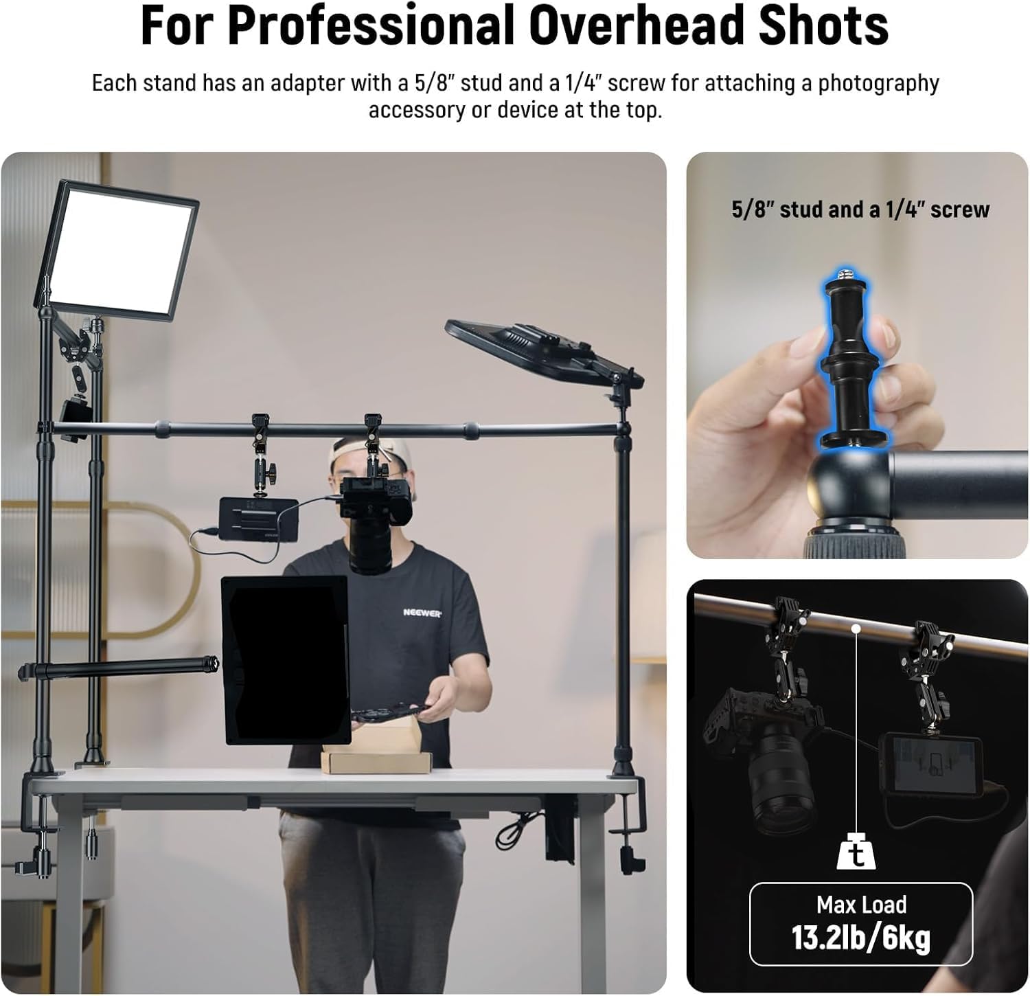 Thumbnail 4 de NEEWER NK003 Überkopf-Kamerahalterung für den Desktop mit Dual Ball Head Super Clamp (Superklemme) – Tischhalterung für Top-Down-Aufnahmen