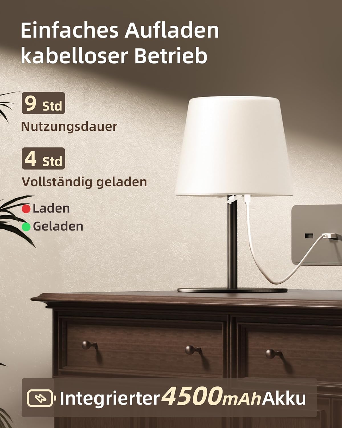 Thumbnail 4 de EZVALO 2er-Set Kabellose Tischlampe LED – IP65, 4500mAh USB-C, Touch-Dimmbar, 3 Farbtemperaturen