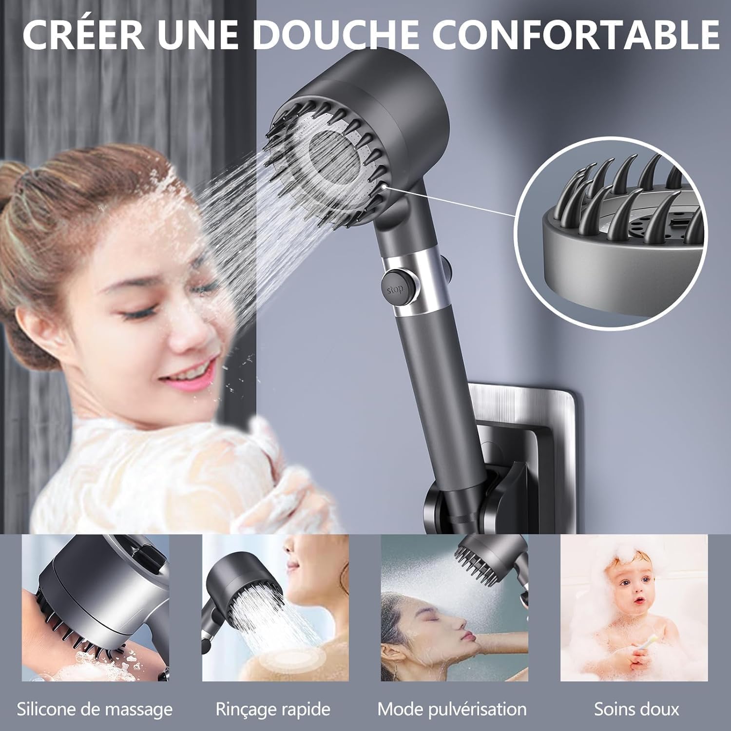 Thumbnail 3 de Pommeau de douche anti-calcaire Haute Pression avec filtre et 4 jets – Tuyau 1,5 m et support