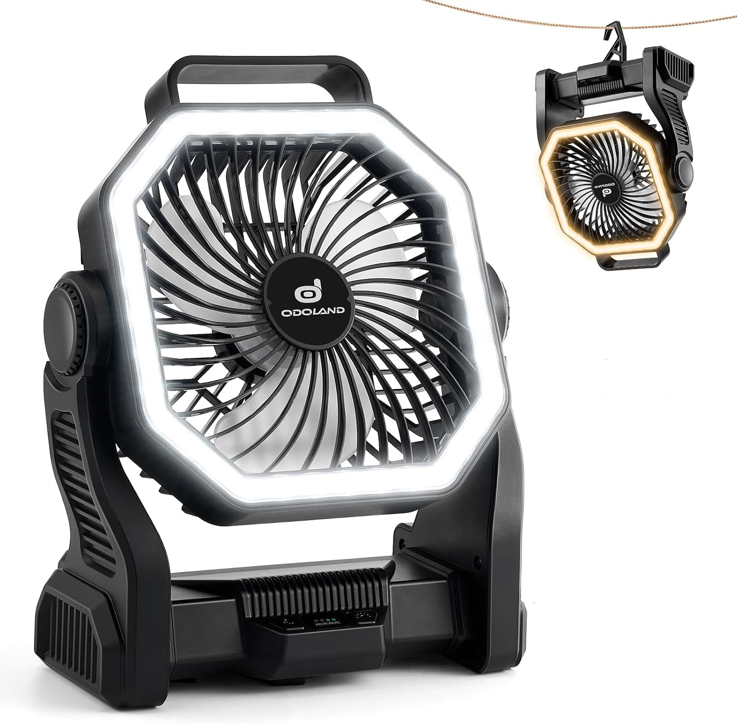 Detalle de Odoland Portable Rechargeable Fan with LED Lantern (20000mAh) – 4 Speeds, 270° Oscillation