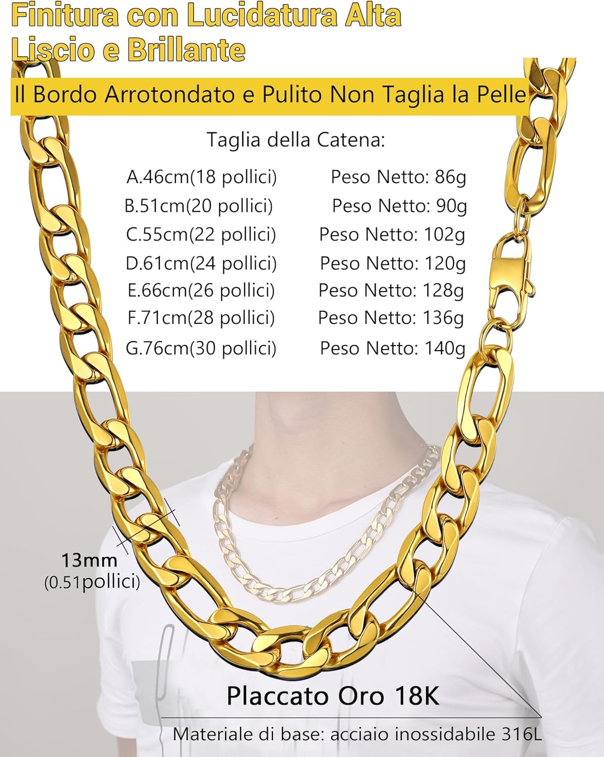 Thumbnail 4 de PROSTEEL Collana Catena Semplice da Uomo – Modello Figaro 3+1, 4/6/9/13 mm, Acciaio Inossidabile / Placcato Oro 18K, Colore Argento Oro Nero | Confezione regalo