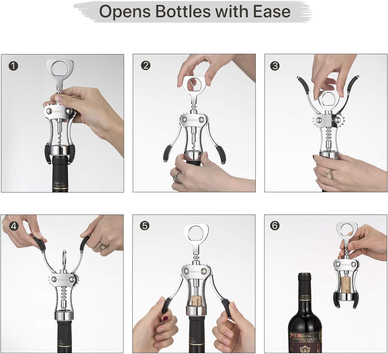 Thumbnail 3 de Beneno Wine Opener: Zinc Alloy Premium Wing Corkscrew with Built-In Bottle Opener