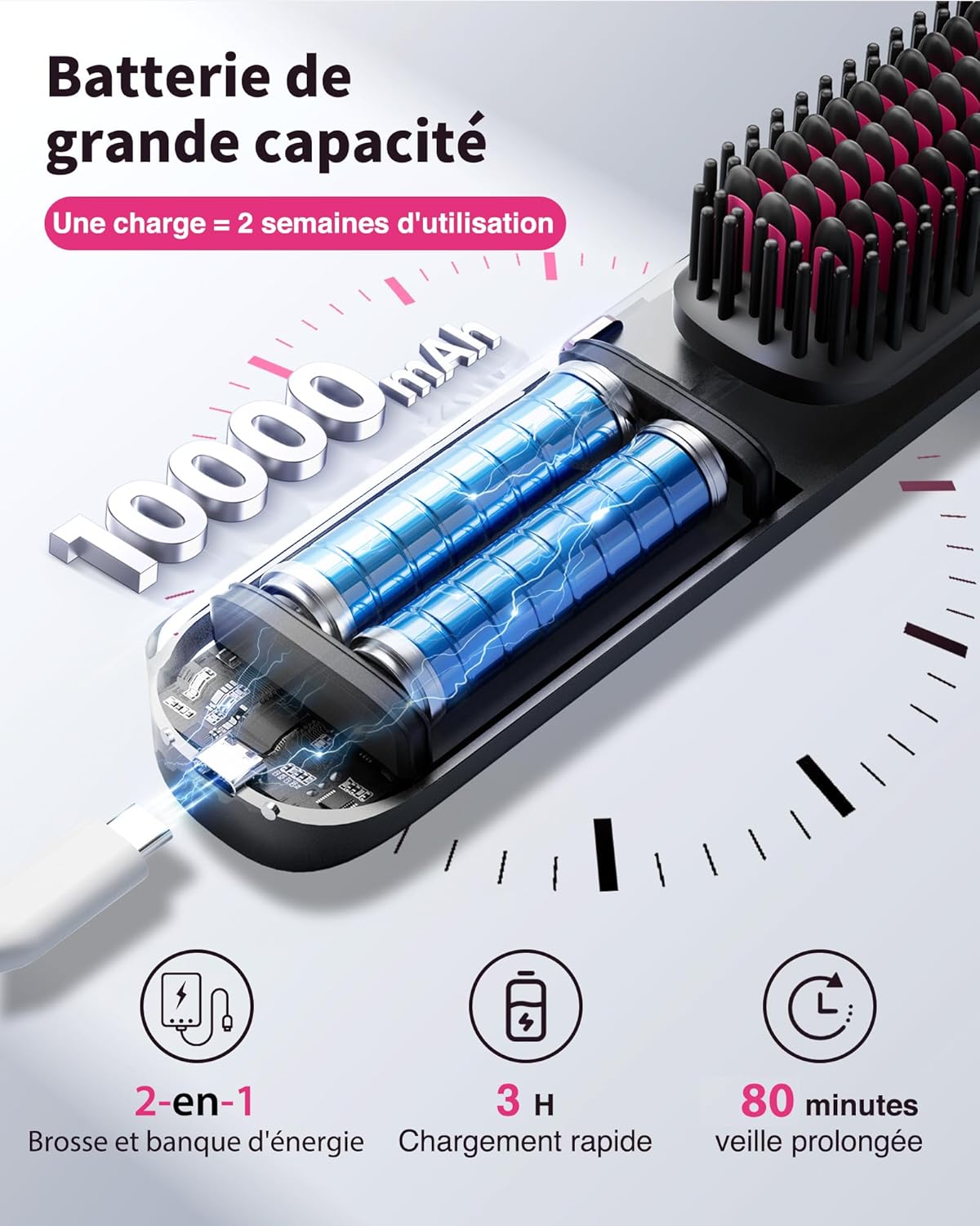 Thumbnail 5 de Bopcal Brosse Lissante sans fil 10000mAh 3-en-1 : mini lisseur et brosse anti-frisottis