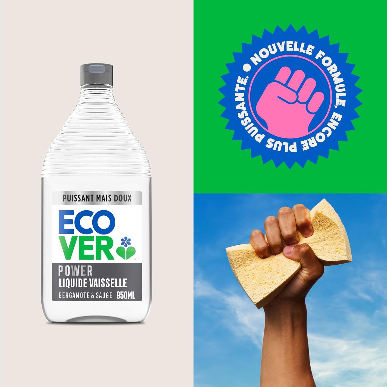 Detalle de Ecover Liquide Vaisselle Ultra Dégraissant – Spécial Peaux Sensibles, Bergamote et Sauge, Flacon 5L