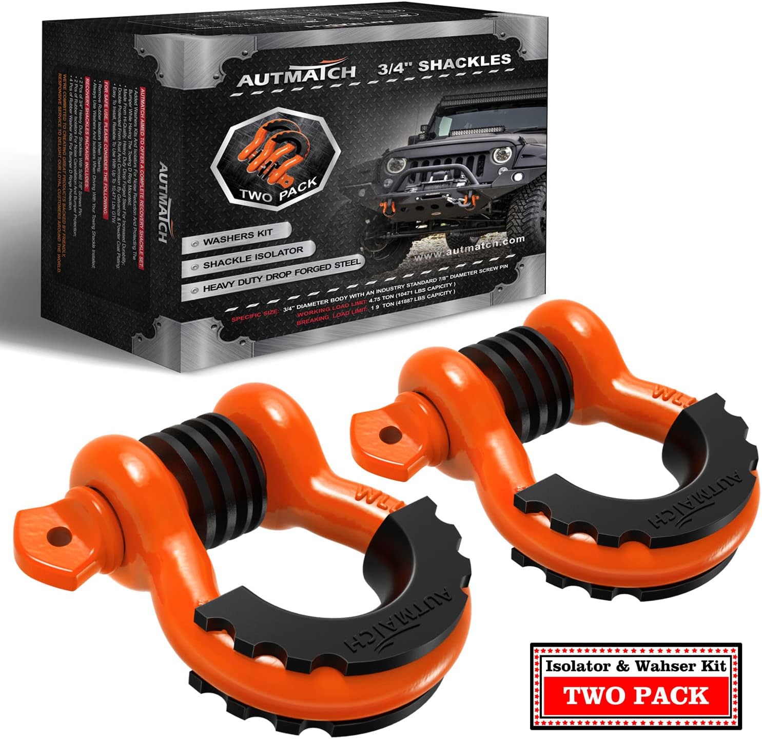 Detalle de AUTMATCH 3/4" D Ring Shackle (2 Pack) with 7/8" Screw Pin and Isolator Washers Kit