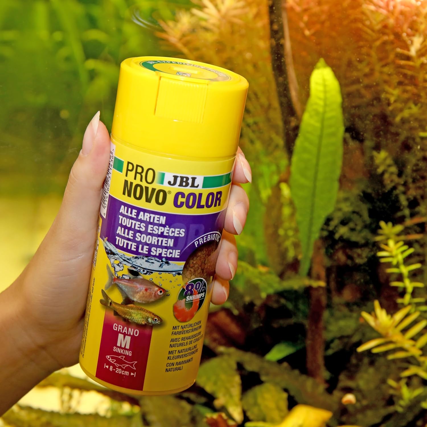 Detalle de JBL PRONOVO COLOR GRANO CLICK – Farbfutter-Granulat für 8–20 cm Aquarienfische (Größe M, 250 ml)