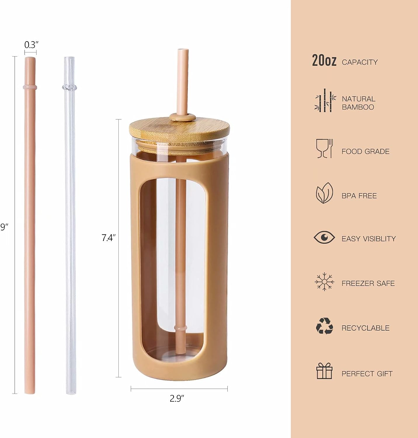 Thumbnail 1 de Kodrine 20oz Glass Water Tumbler with Straw, Bamboo Lid, and Silicone Sleeve (BPA-Free, Amber)