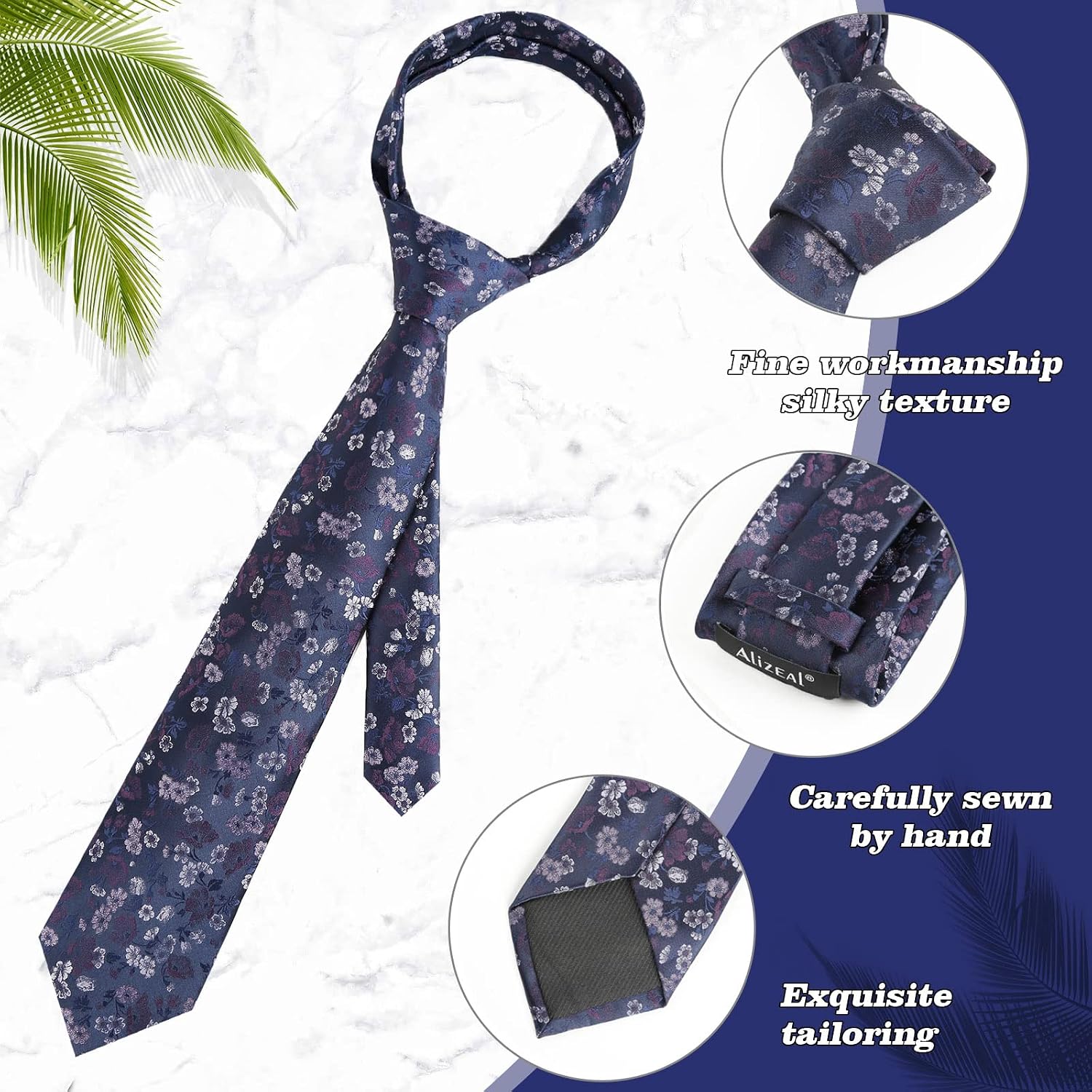 Thumbnail 3 de Alizeal Floral Tie with Pocket Square Set – Polyester, 150x8cm tie and 24x24cm hankie