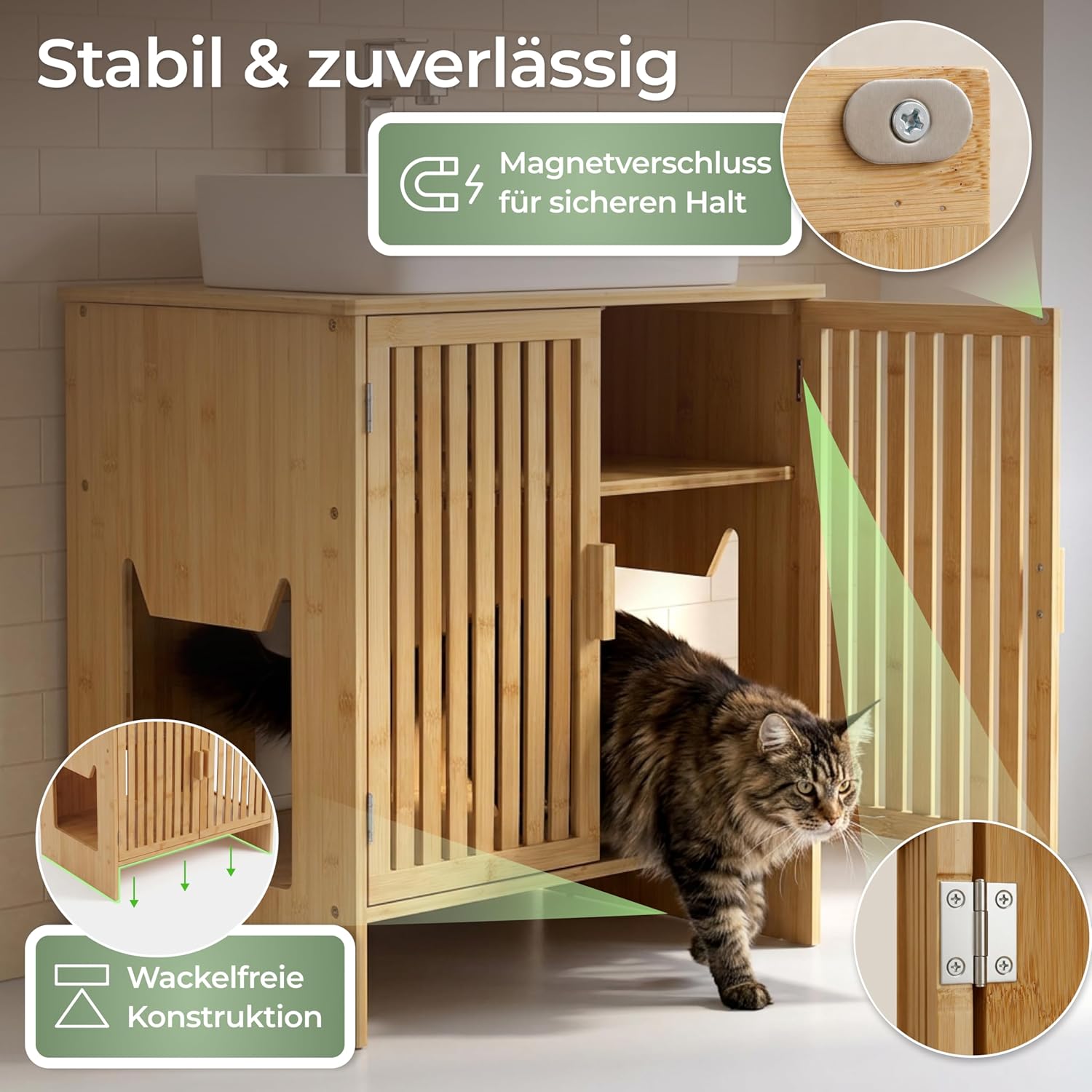 Thumbnail 4 de WOOWOOD Katzenklo Waschbeckenunterschrank aus Bambus – 60×44×60 cm