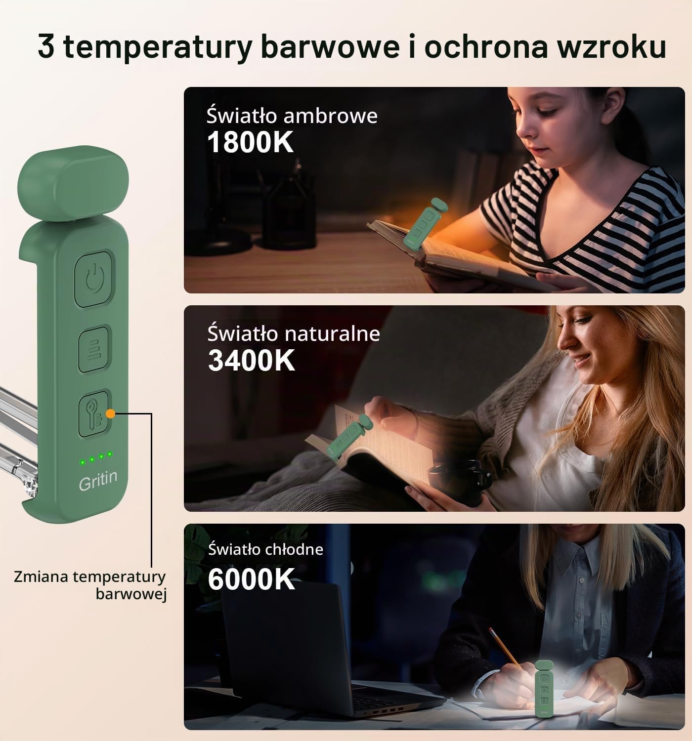 Detalle 2 de Gritin G1313 lampka do czytania z klipsem, 7 LED i 3 barwy światła
