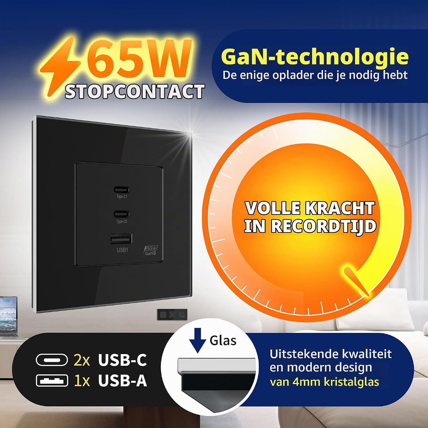 Detalle de PULSAR GaN PD-inbouwstopcontact, 65 W, 2 USB-C en USB-A, zwart glas
