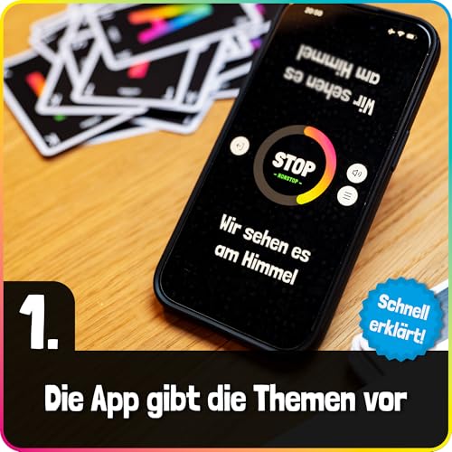 Detalle de Nonstop Cards – Lustiges Kartenspiel mit App: Stadt-Land-Fluss für 2–8 Spieler