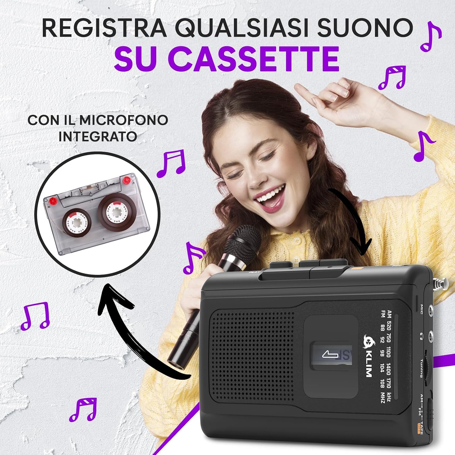 Detalle 2 de KLIM K8 Lettore Cassette Audio – Registratore, Radio AM/FM e Audio Portatile con Microfono Integrato