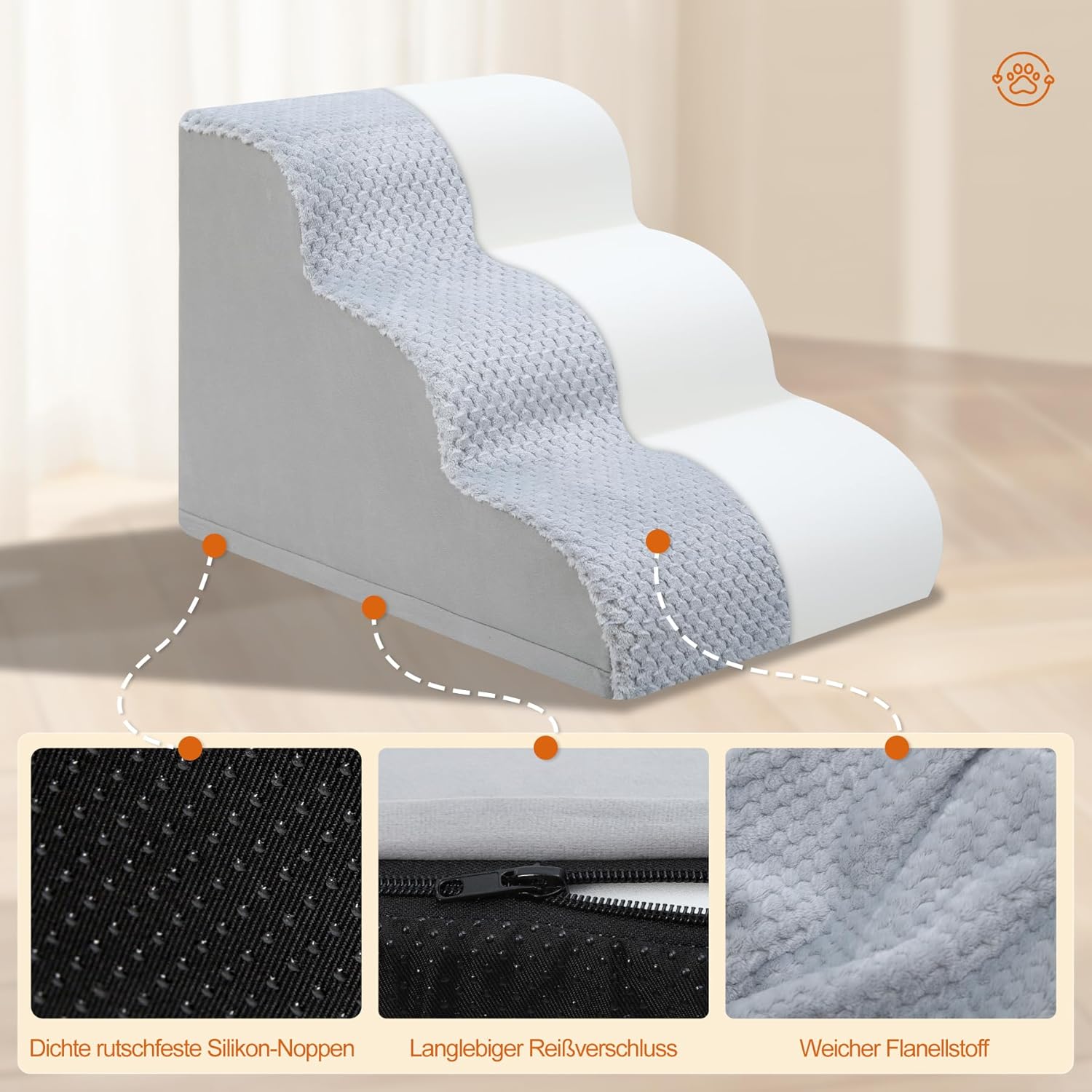 Thumbnail 1 de KSIIA Hundetreppe mit 3 Stufen (40 cm hoch) – rutschfeste Basis & waschbarer Bezug, grau