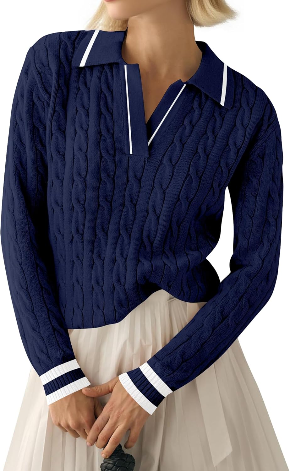 Detalle 1 de LACOZY Women's Cable Knit Polo V-Neck Pullover