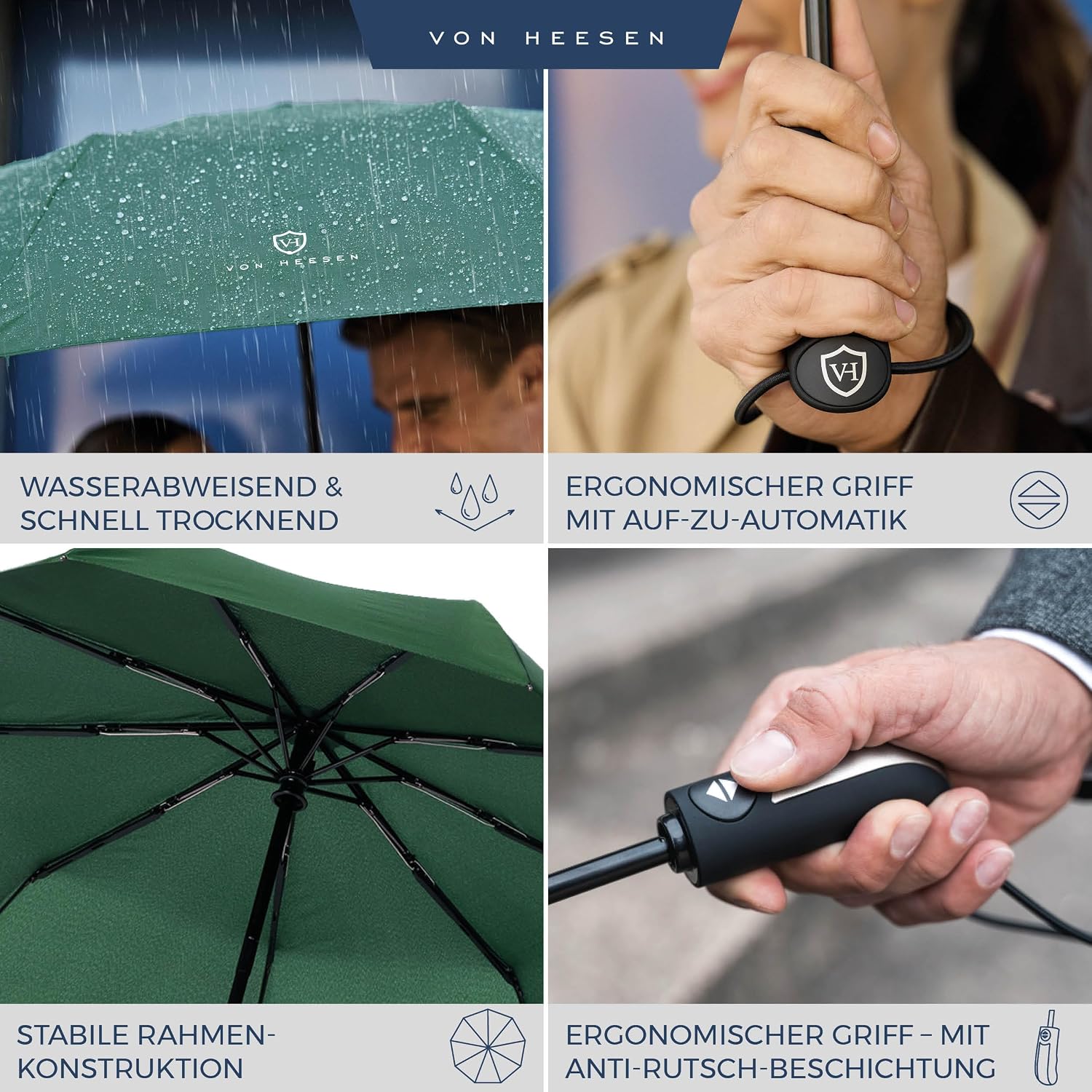 Detalle de VON HEESEN sturmfester Taschenschirm bis 140 km/h inkl. Schirm-Tasche & Reise-Etui
